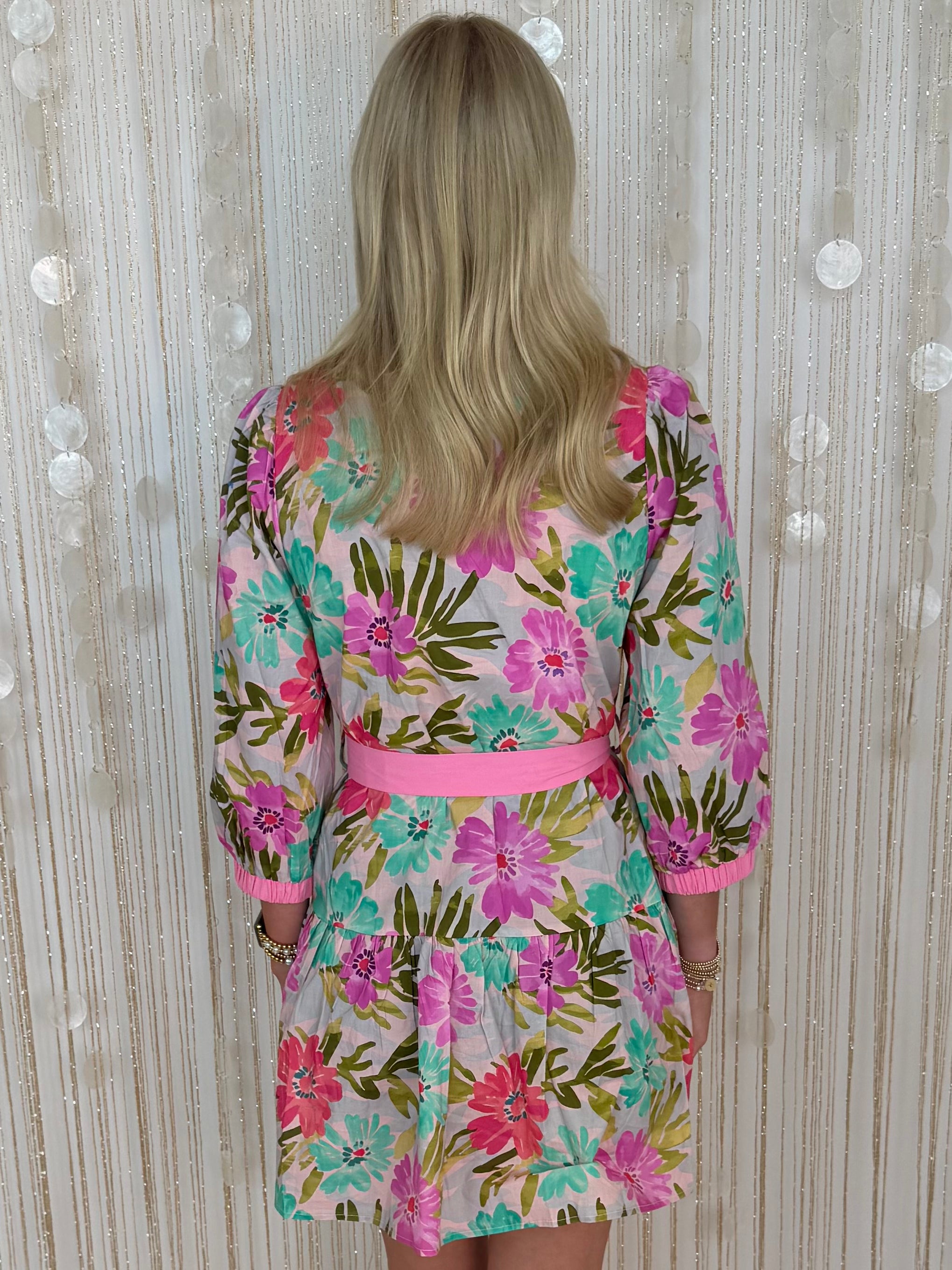 Day Maker Pink Mix Floral 3/4 Sleeve Dress-Shop-Womens-Boutique-Clothing