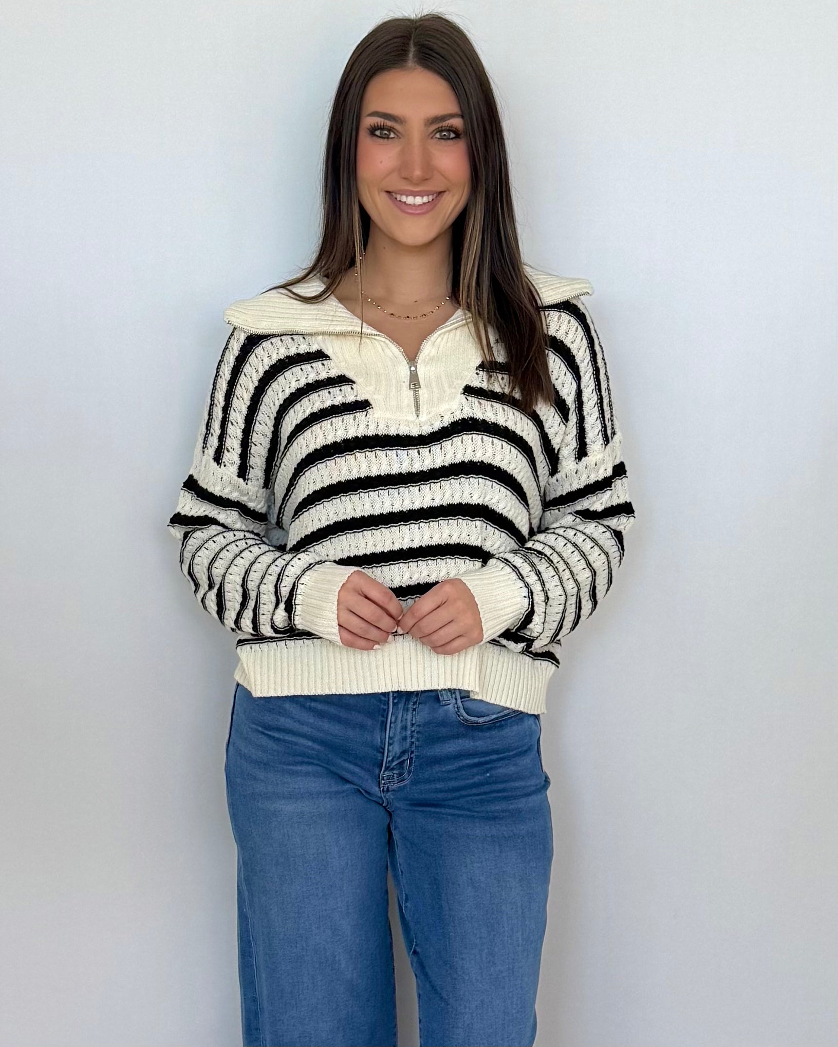 Cool Again Black/Ivory Cable Knit Zip Up Sweater-Shop-Womens-Boutique-Clothing