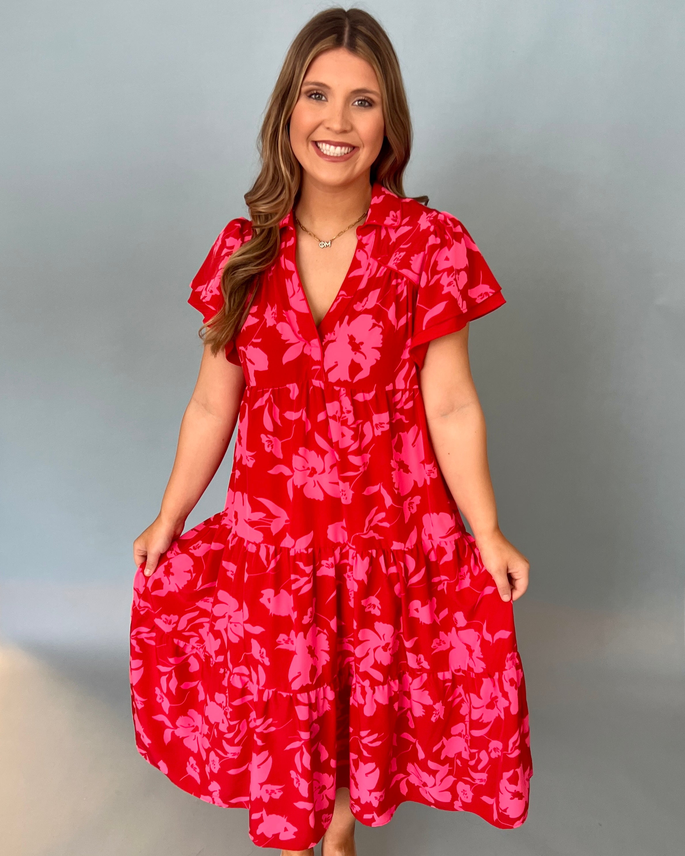 Wind Down Red Mix Floral Midi Dress-Shop-Womens-Boutique-Clothing
