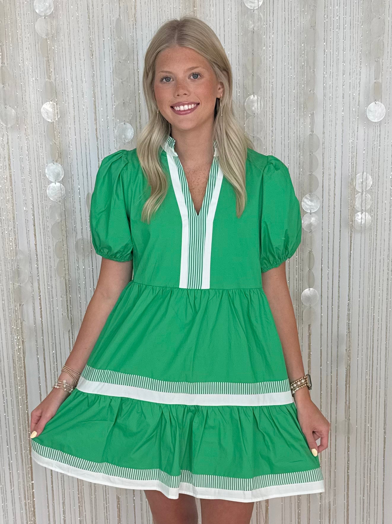 Everyday Pleasures Green Contrast Trim Tiered Dress-Shop-Womens-Boutique-Clothing