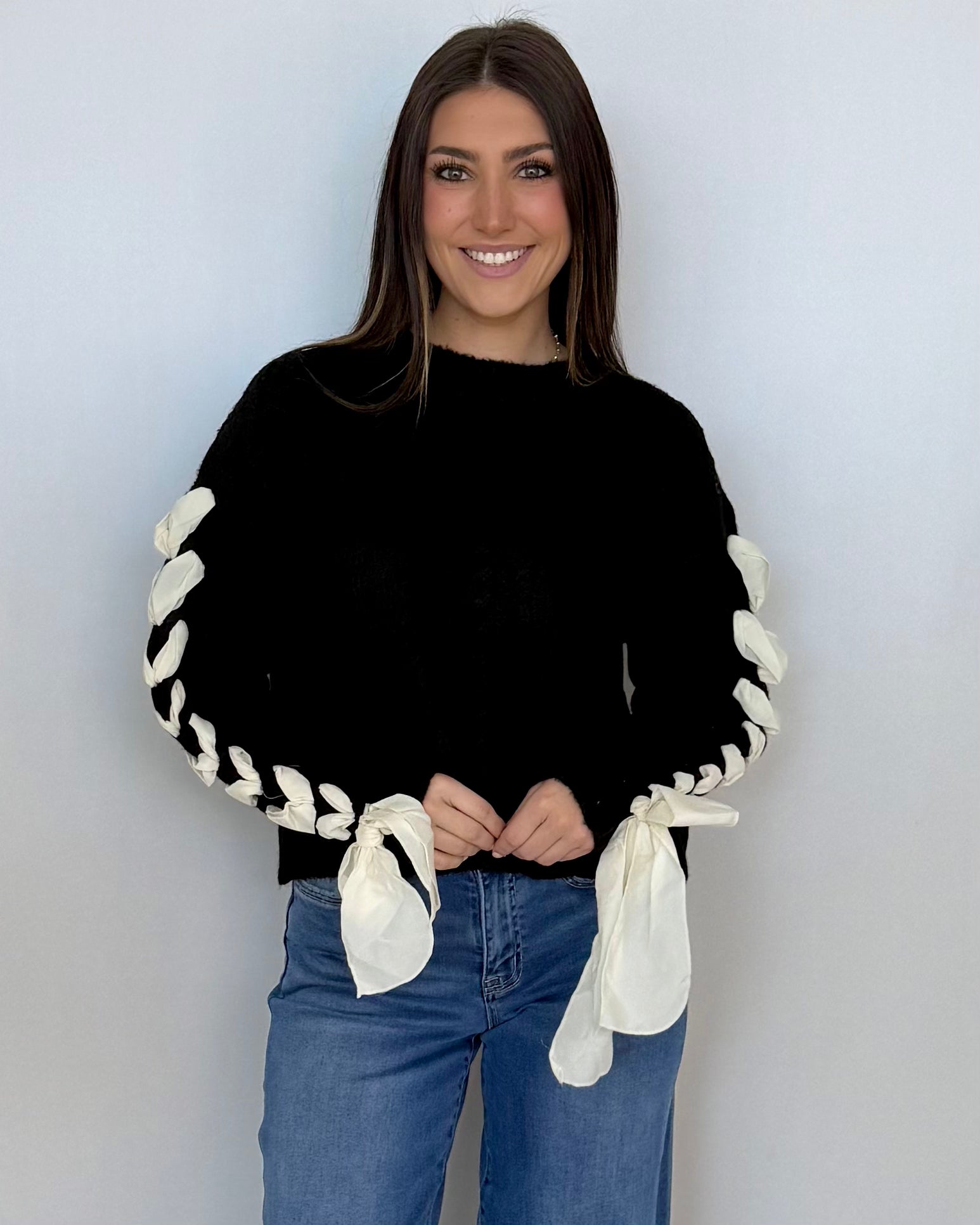 Taking Chances Black Ribbon Bow Sleeve Sweater-Shop-Womens-Boutique-Clothing
