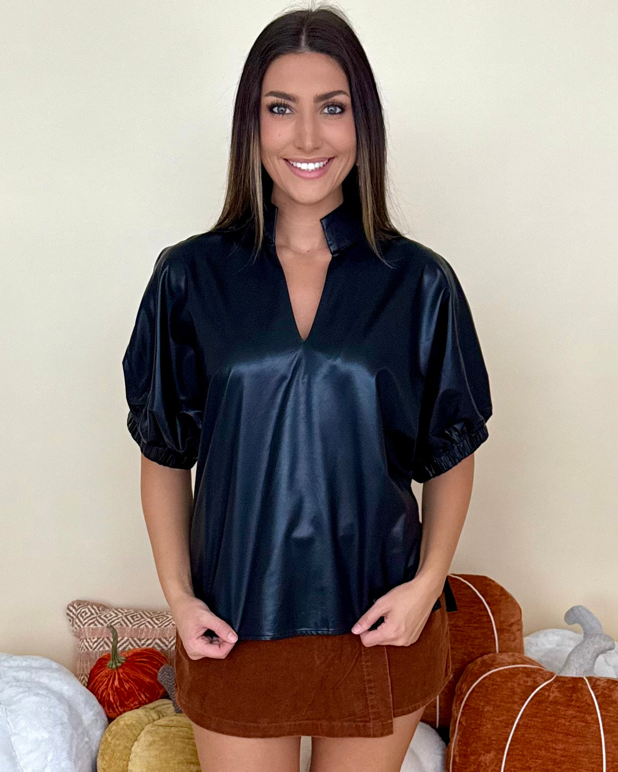 Own Life Black Faux Leather V Neck Top-Shop-Womens-Boutique-Clothing