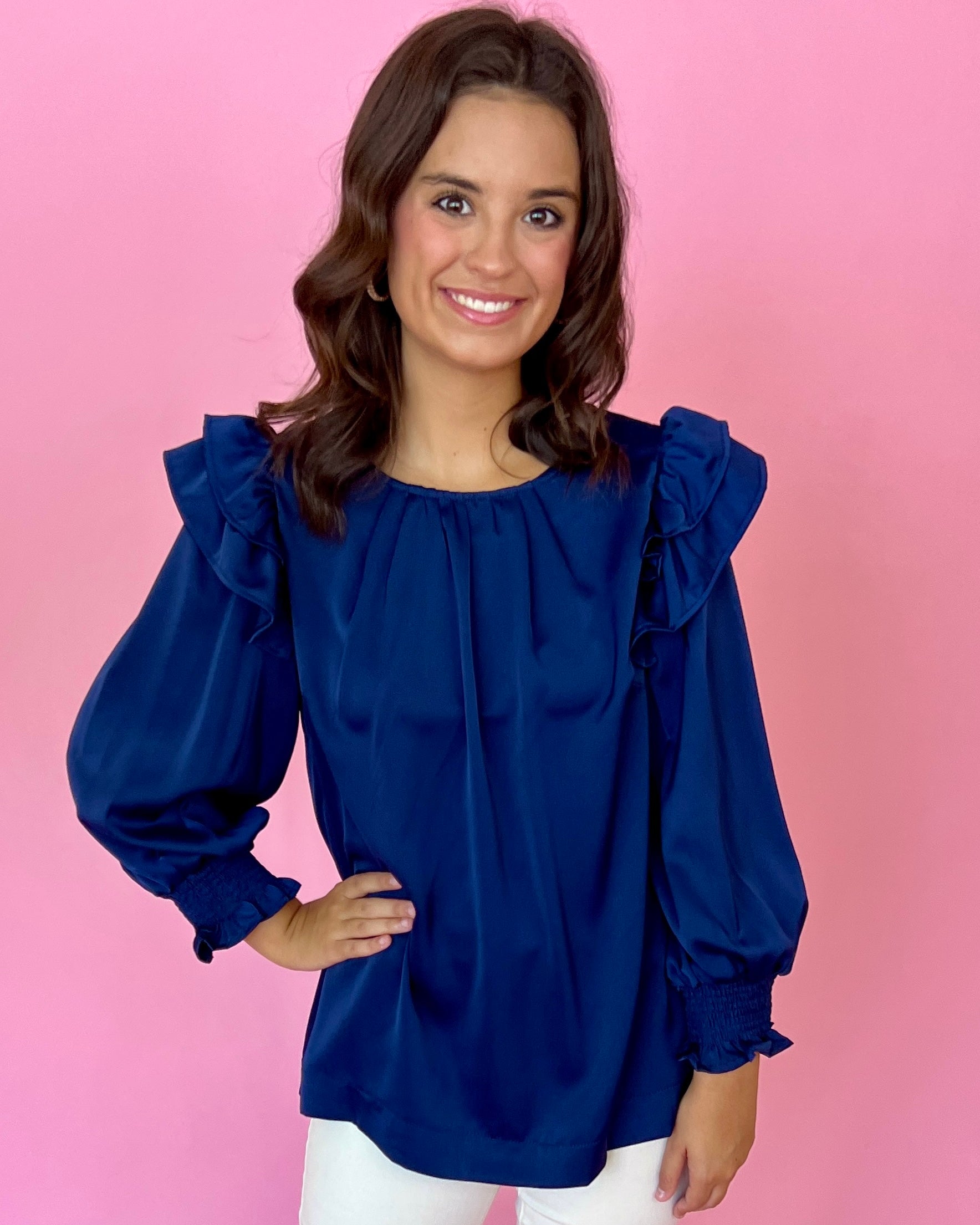 Something More Navy Satin Ruffle Shoulder Top-Shop-Womens-Boutique-Clothing