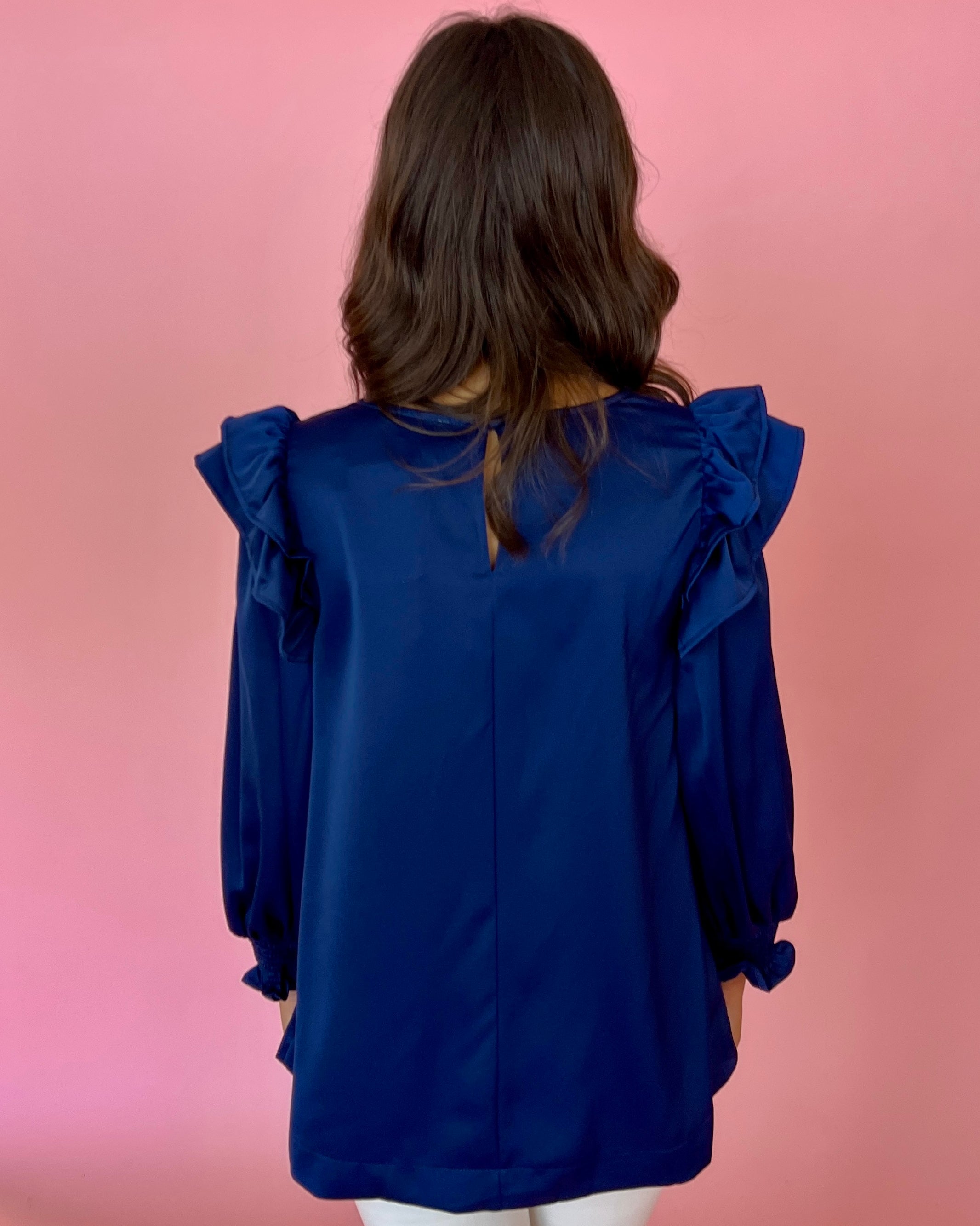 Something More Navy Satin Ruffle Shoulder Top-Shop-Womens-Boutique-Clothing