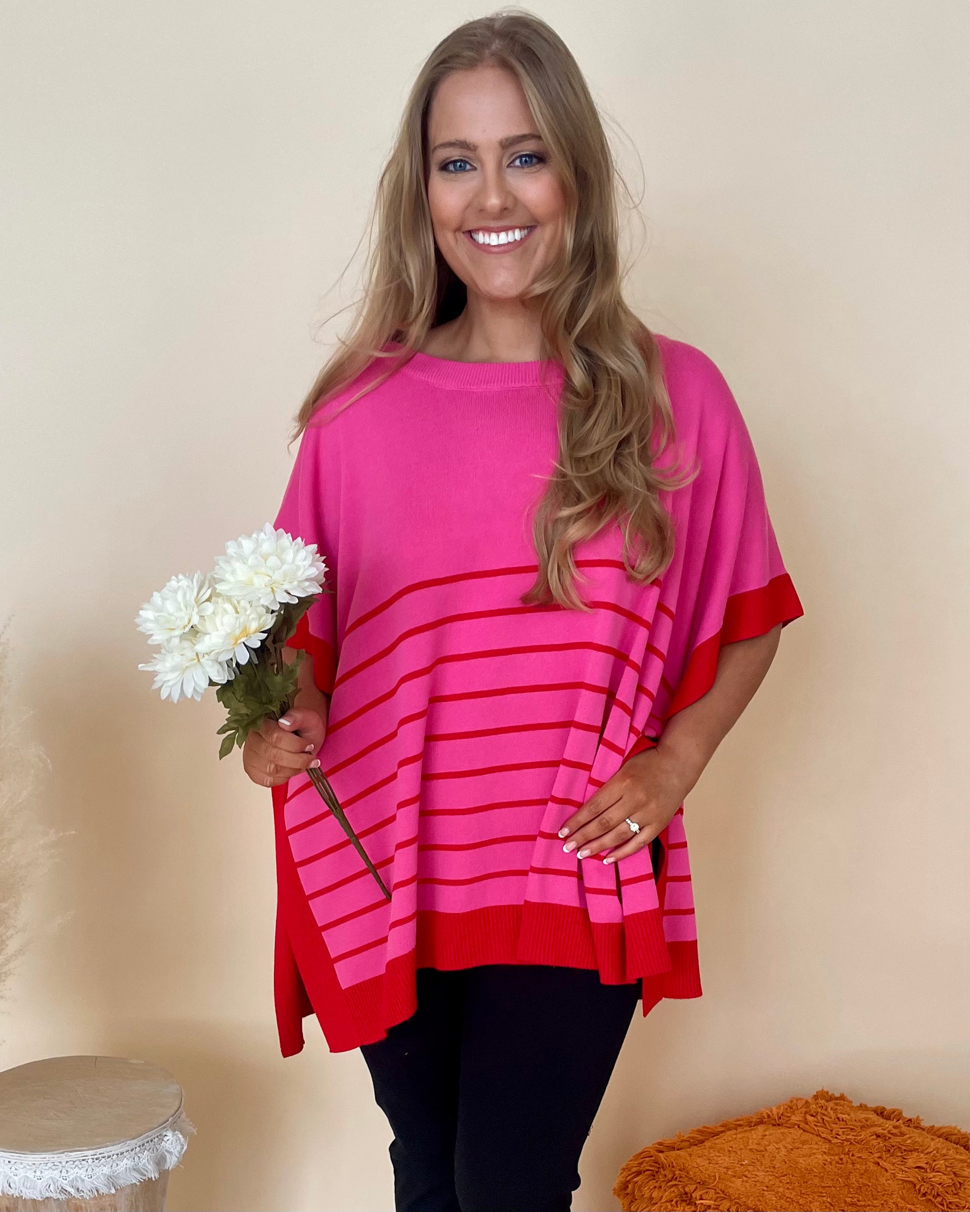 Delightful Pink Plus Striped Poncho-Shop-Womens-Boutique-Clothing