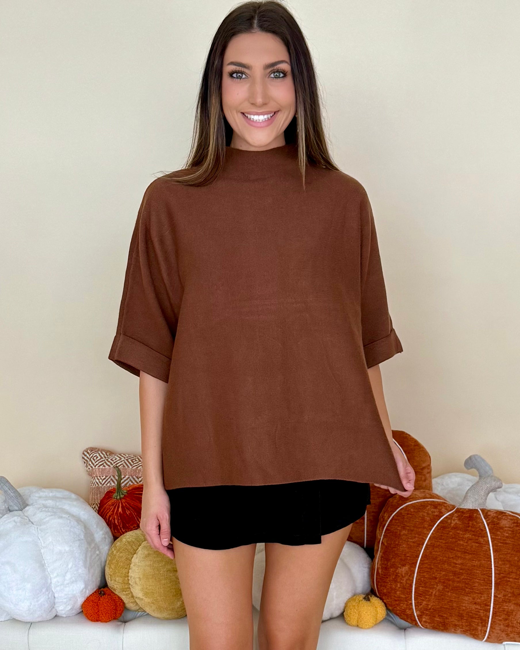 Woodland Wanderer Brown Mock Neck Sweater-Shop-Womens-Boutique-Clothing