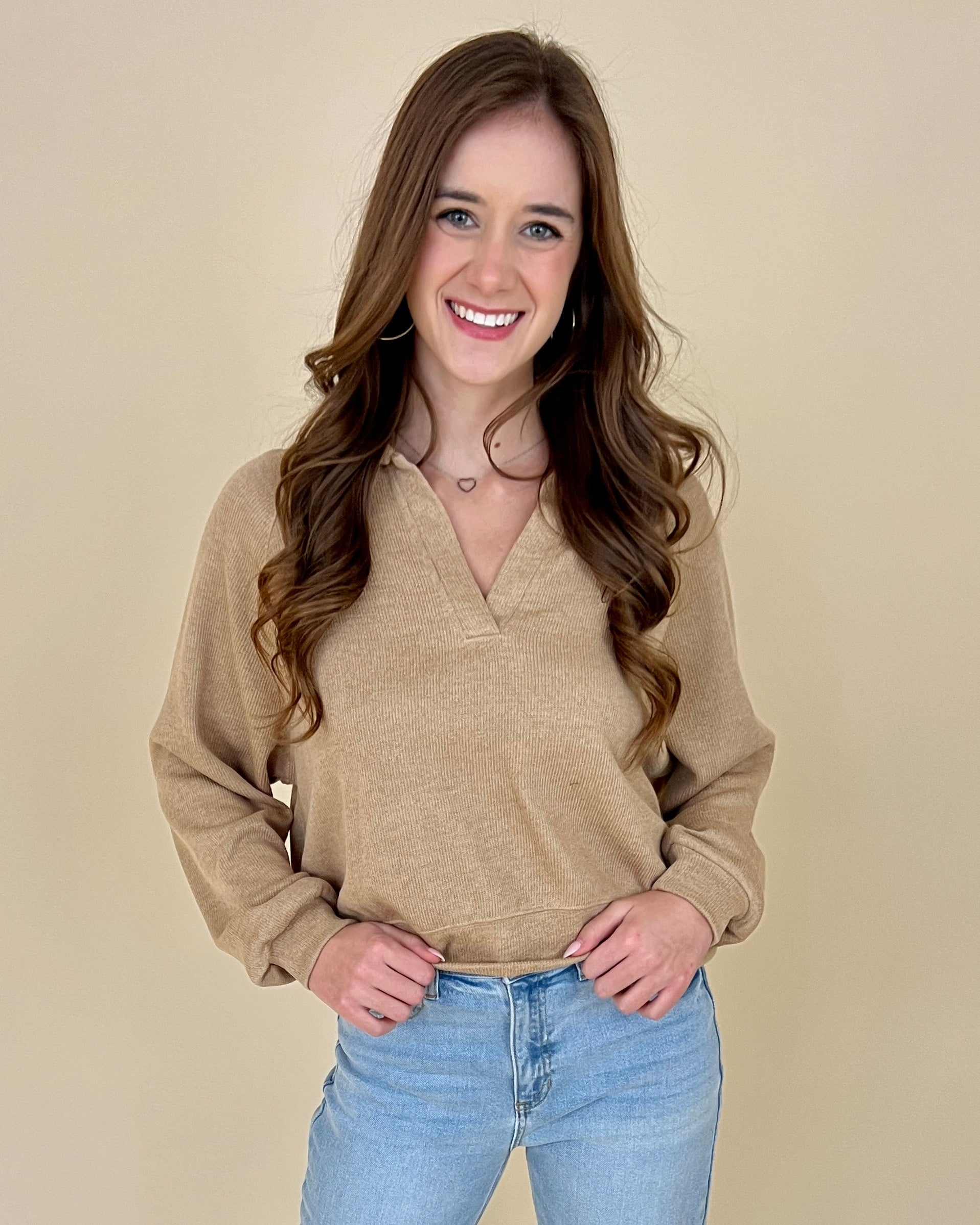 Moving Fast Taupe Knit Collared Top-Shop-Womens-Boutique-Clothing