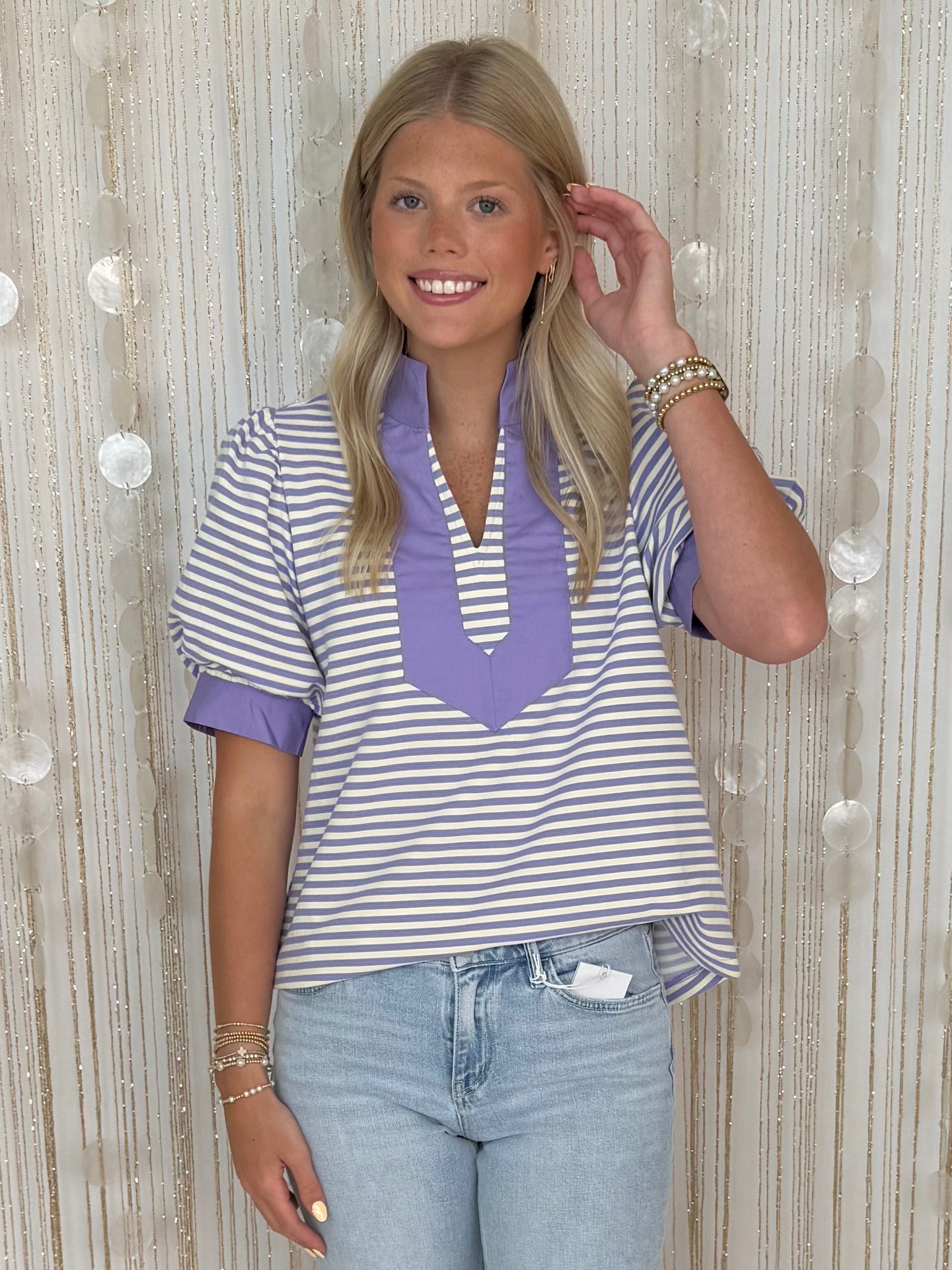 Always In Style Lavender Stripe V Yoke Top-Shop-Womens-Boutique-Clothing