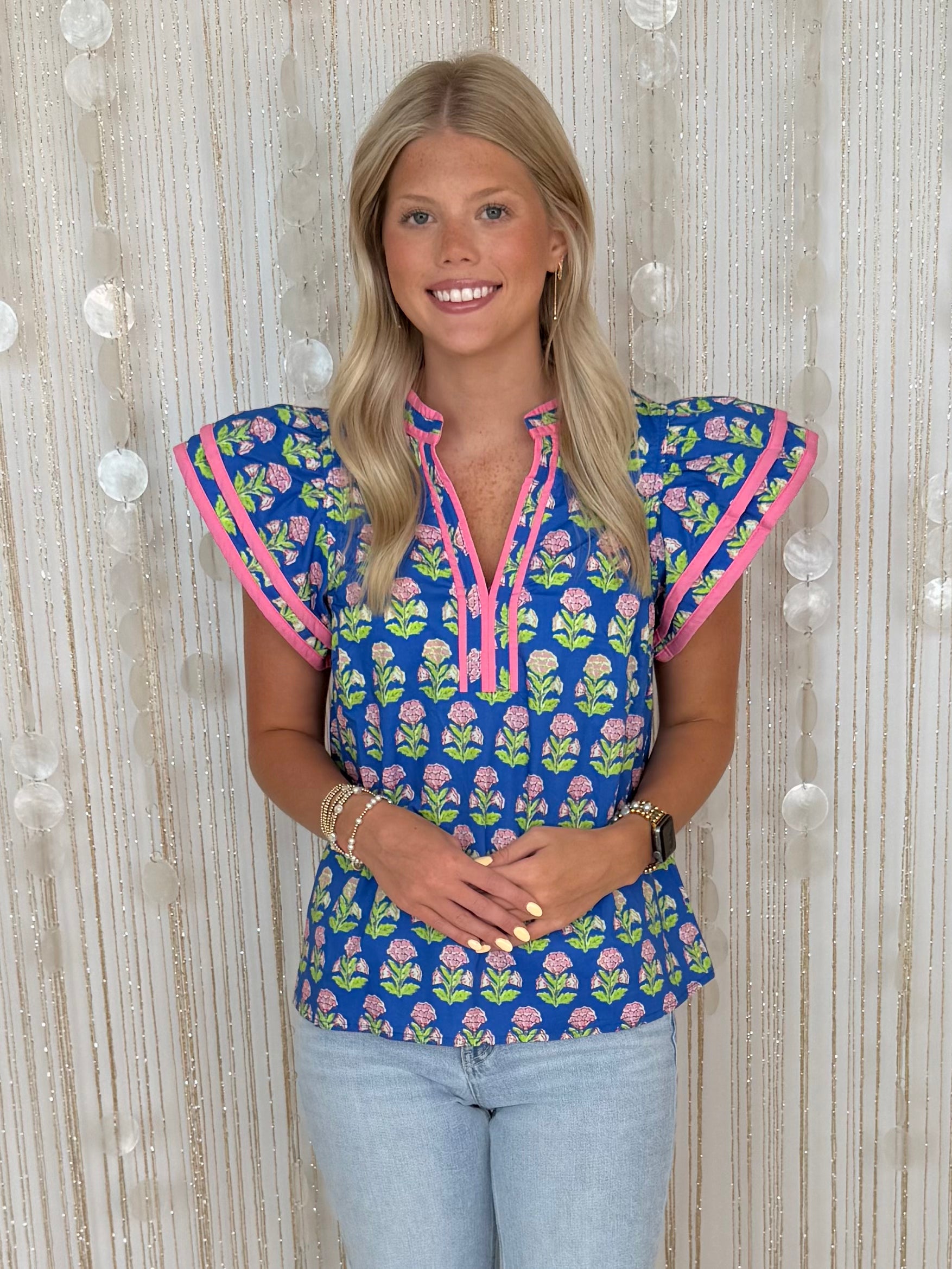 Spritz Chic Blue Floral Flutter Sleeve Top-Shop-Womens-Boutique-Clothing
