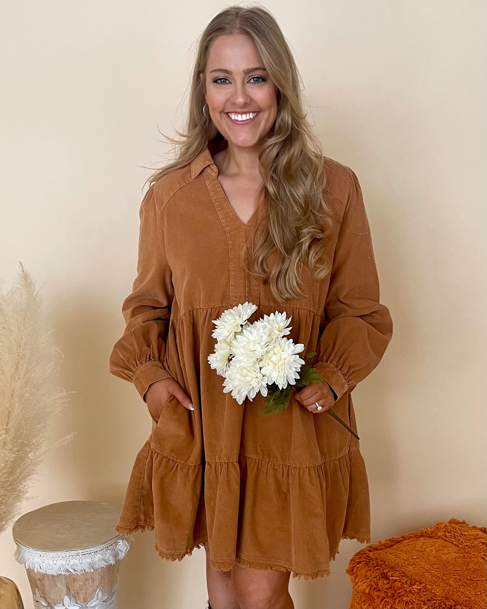 Happy Thoughts Camel Plus Corduroy Dress-Shop-Womens-Boutique-Clothing