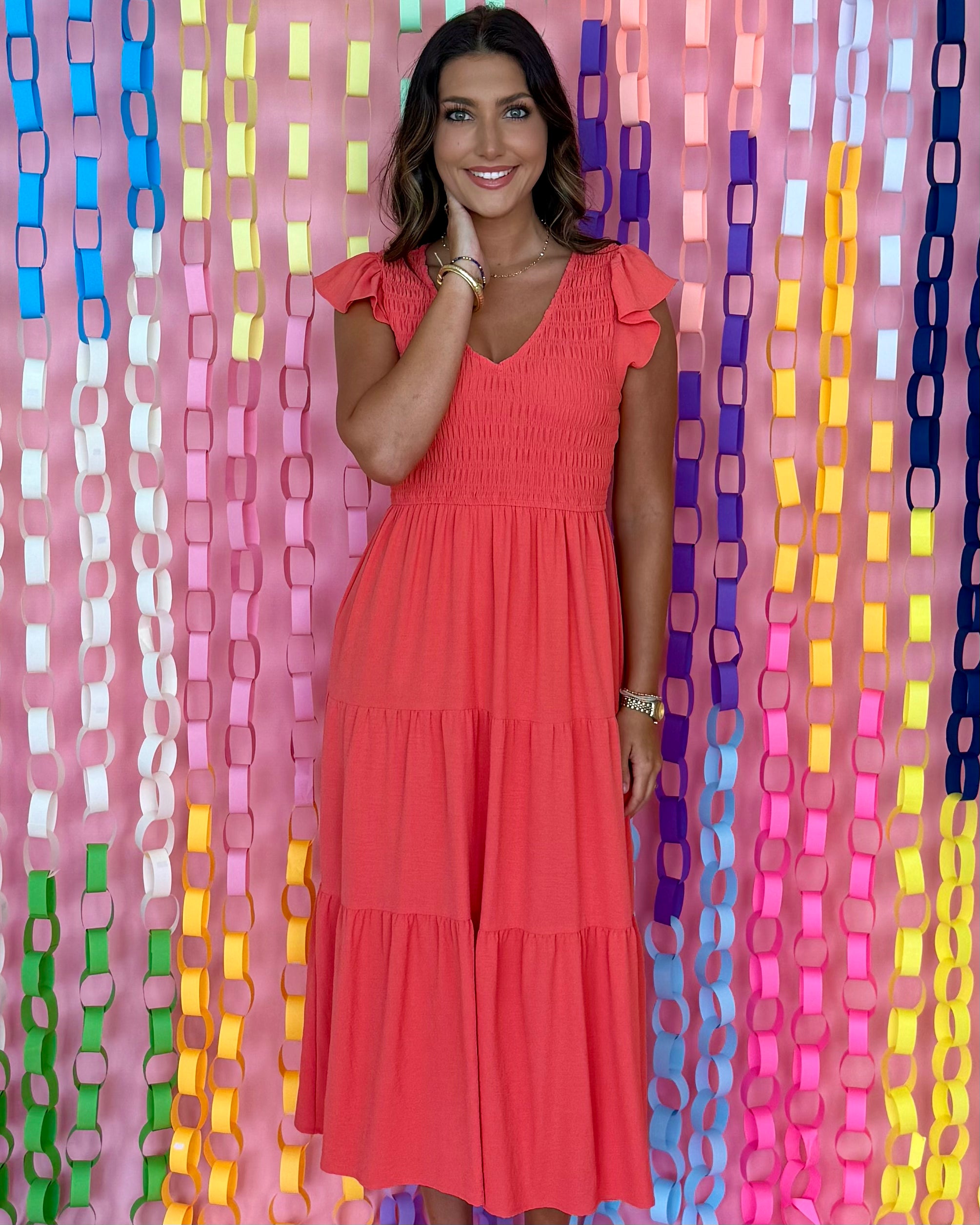 Next Chapter Coral Flutter Sleeve Midi Dress-Shop-Womens-Boutique-Clothing