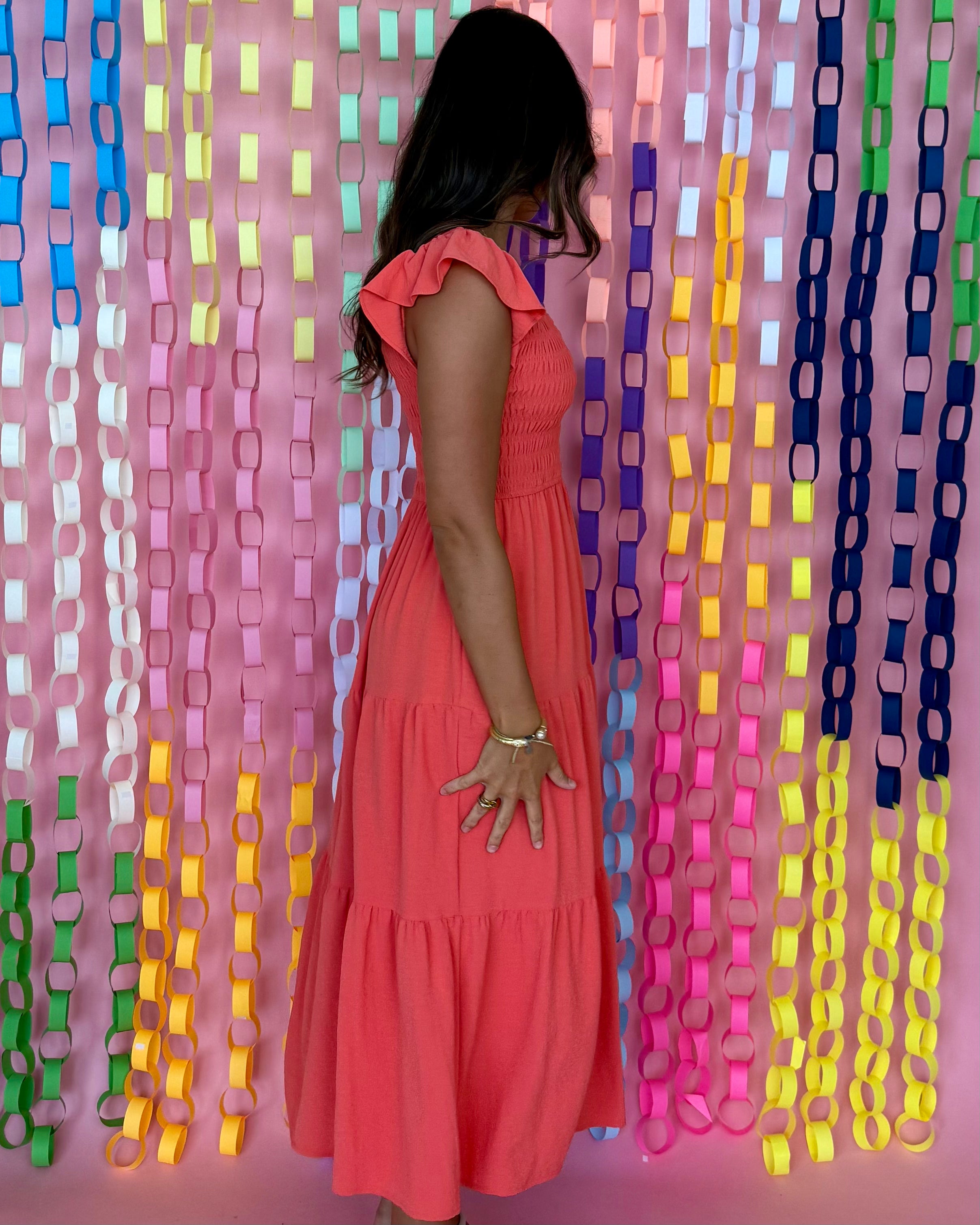Next Chapter Coral Flutter Sleeve Midi Dress-Shop-Womens-Boutique-Clothing