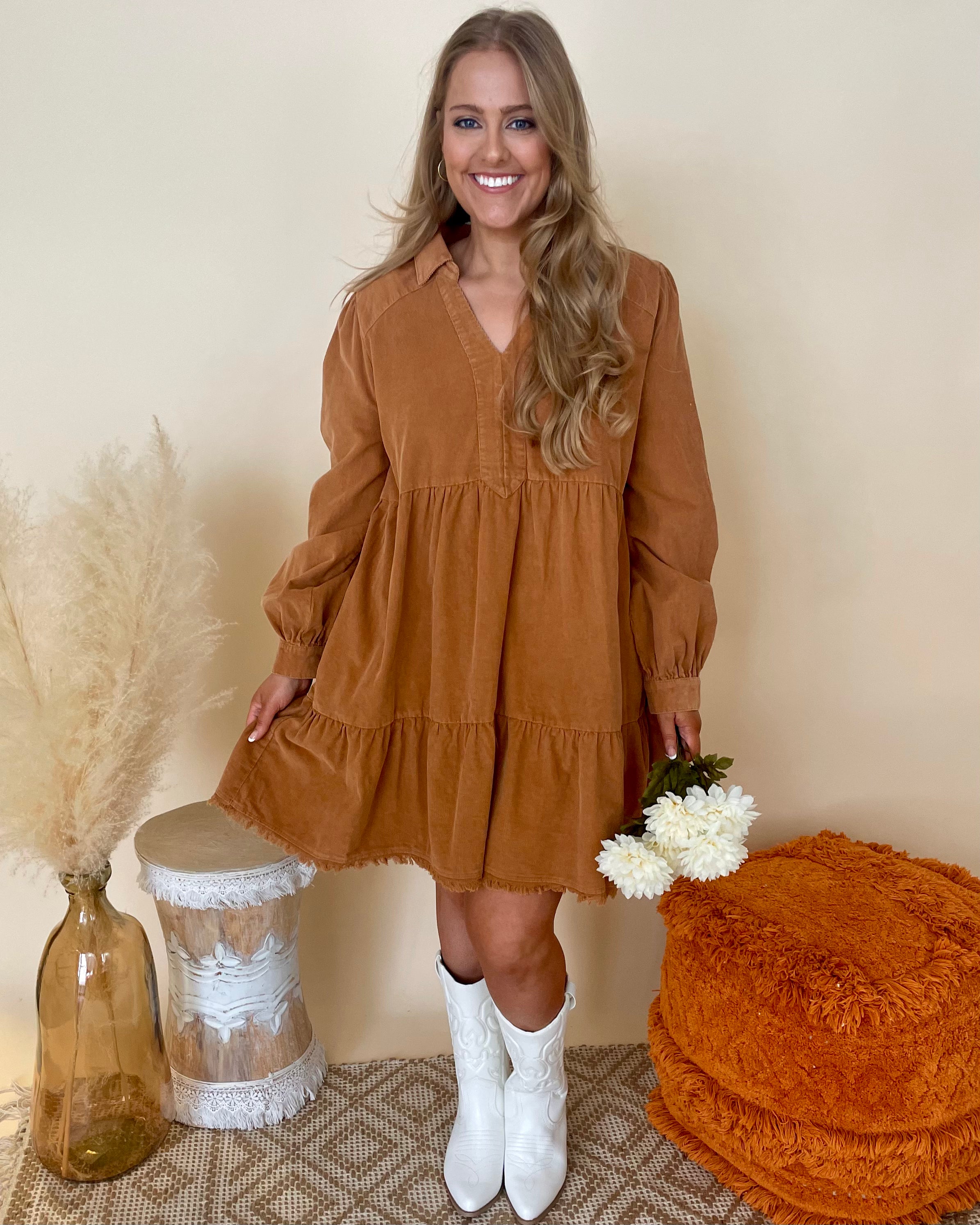 Happy Thoughts Camel Plus Corduroy Dress-Shop-Womens-Boutique-Clothing