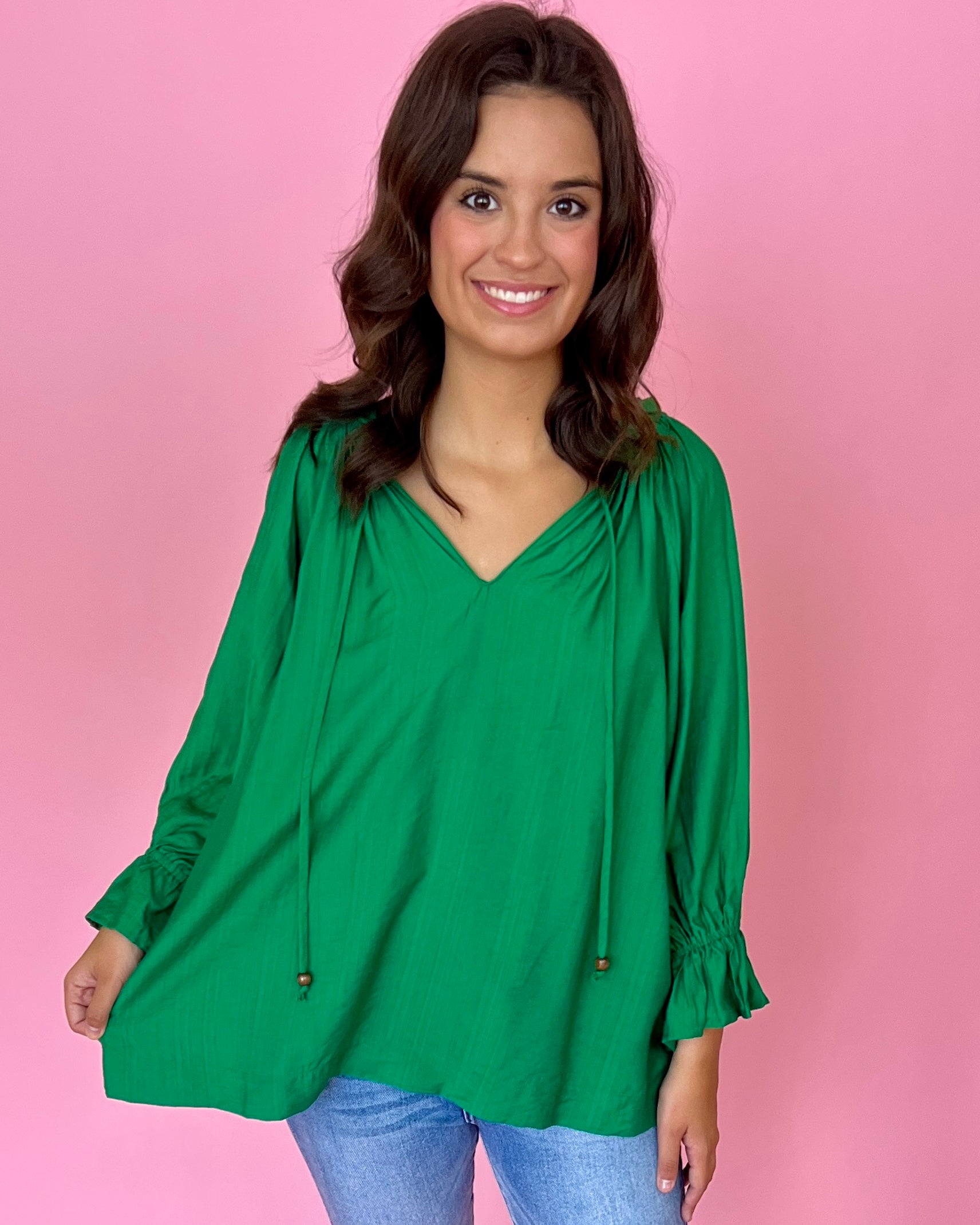 Proper Style Kelly Green Satin Split Neck Top-Shop-Womens-Boutique-Clothing