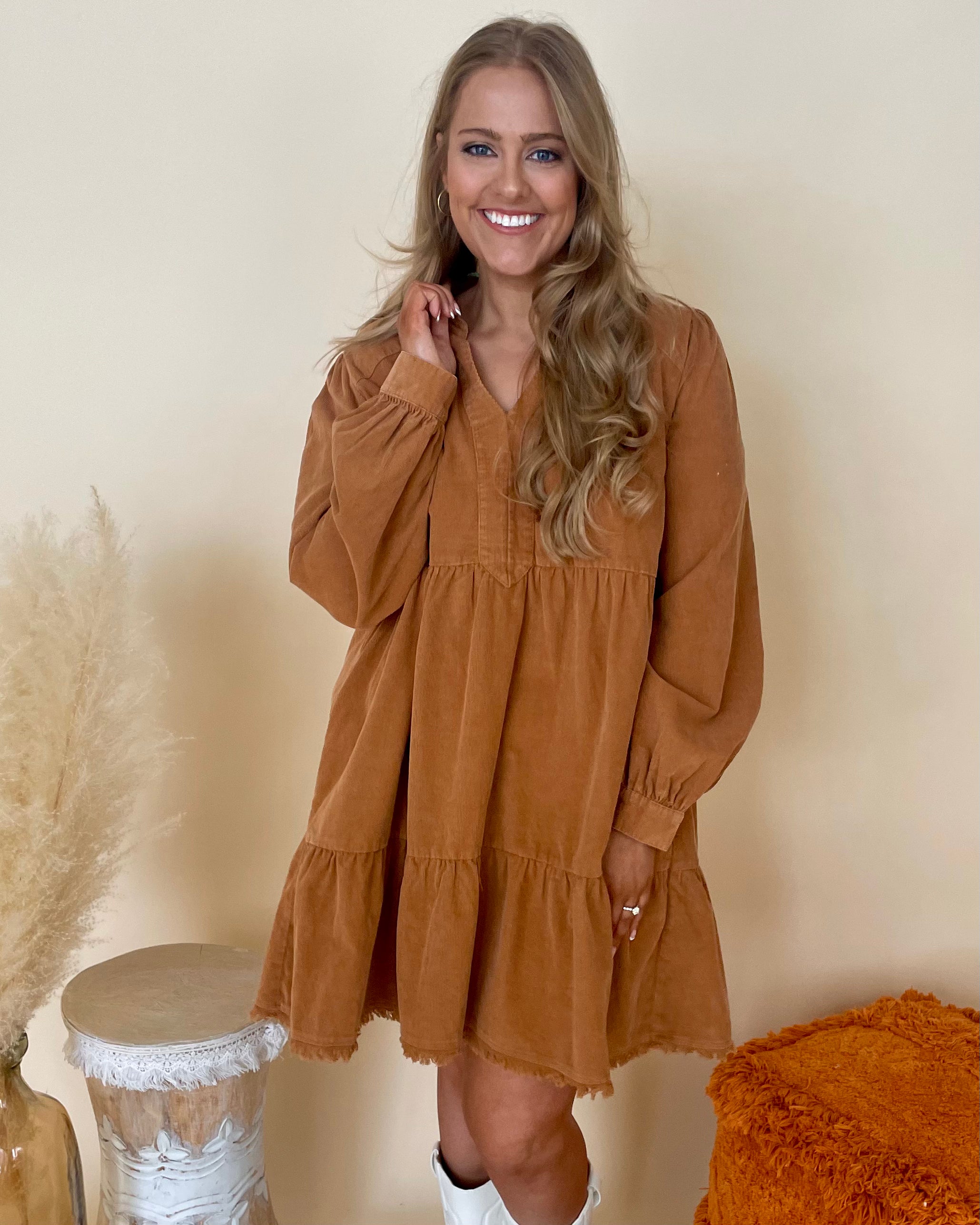 Happy Thoughts Camel Plus Corduroy Dress-Shop-Womens-Boutique-Clothing