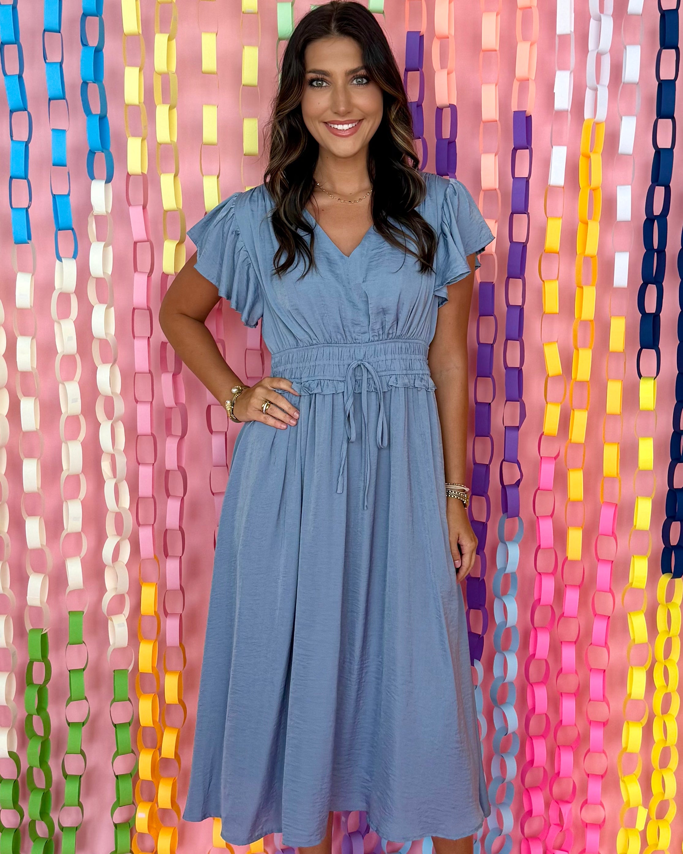 smocked flutter sleeve midi dress Smocked Flutter Sleeve Midi Dress