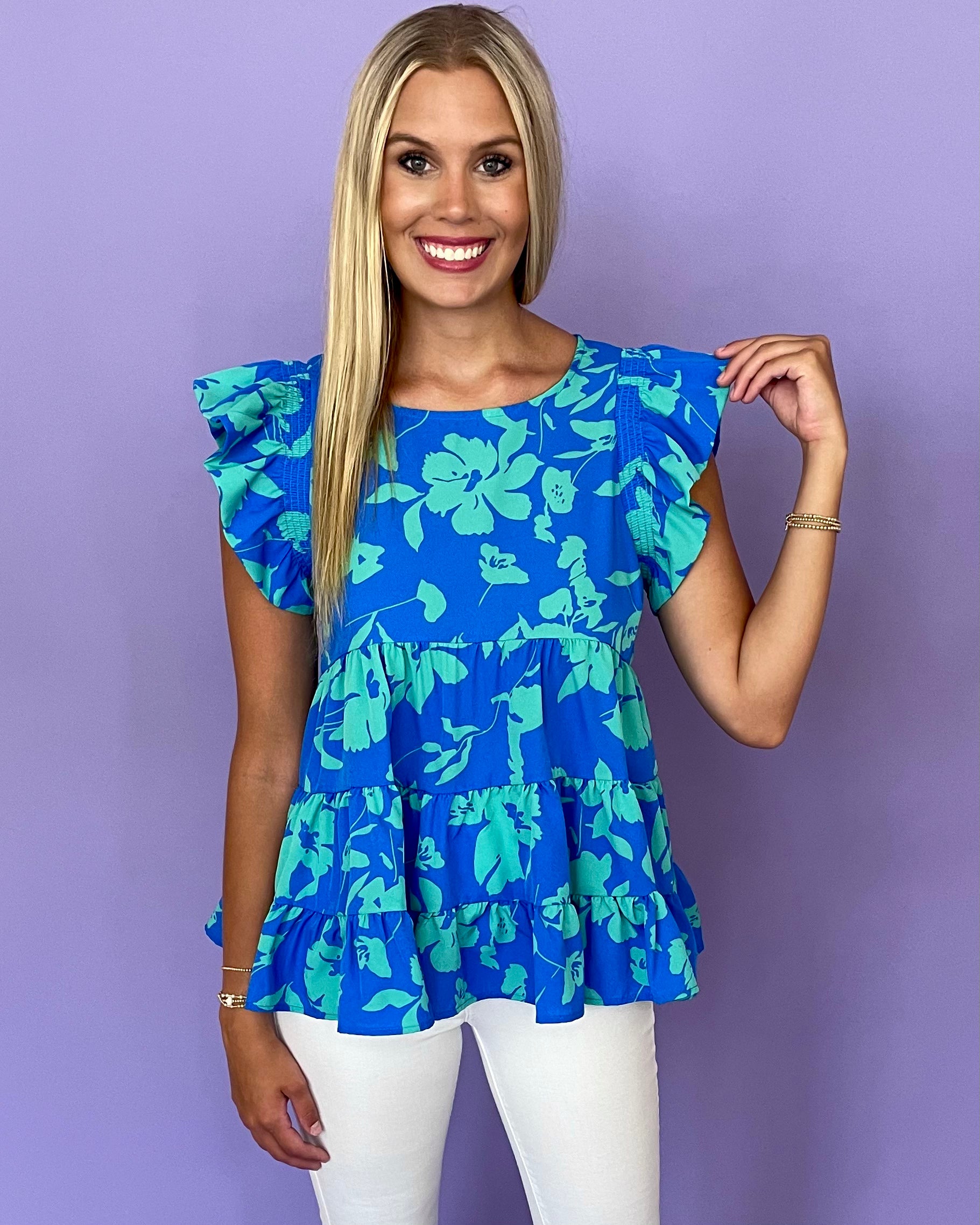 Time To Time Azure Mix Floral Top-Shop-Womens-Boutique-Clothing