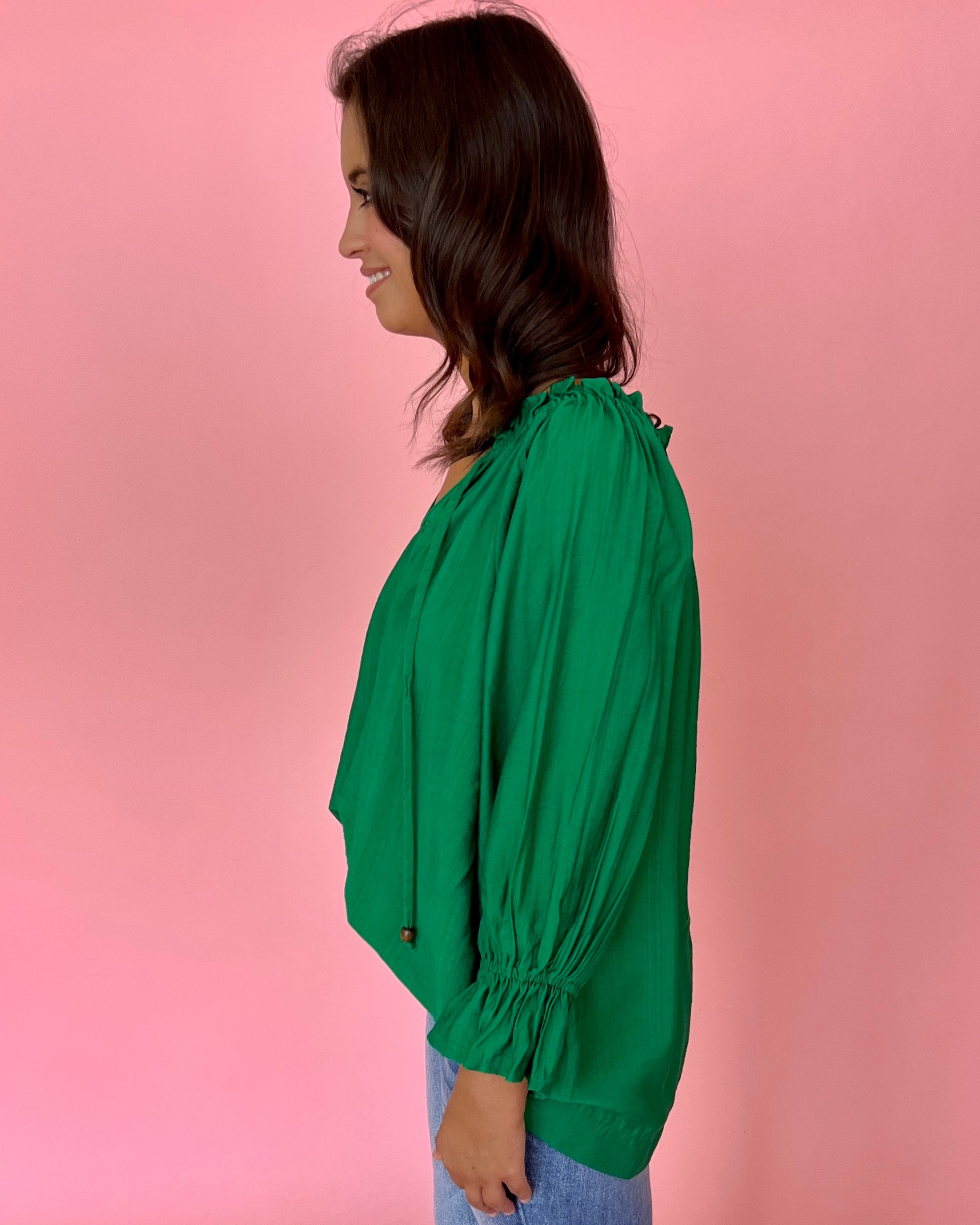 Proper Style Kelly Green Satin Split Neck Top-Shop-Womens-Boutique-Clothing