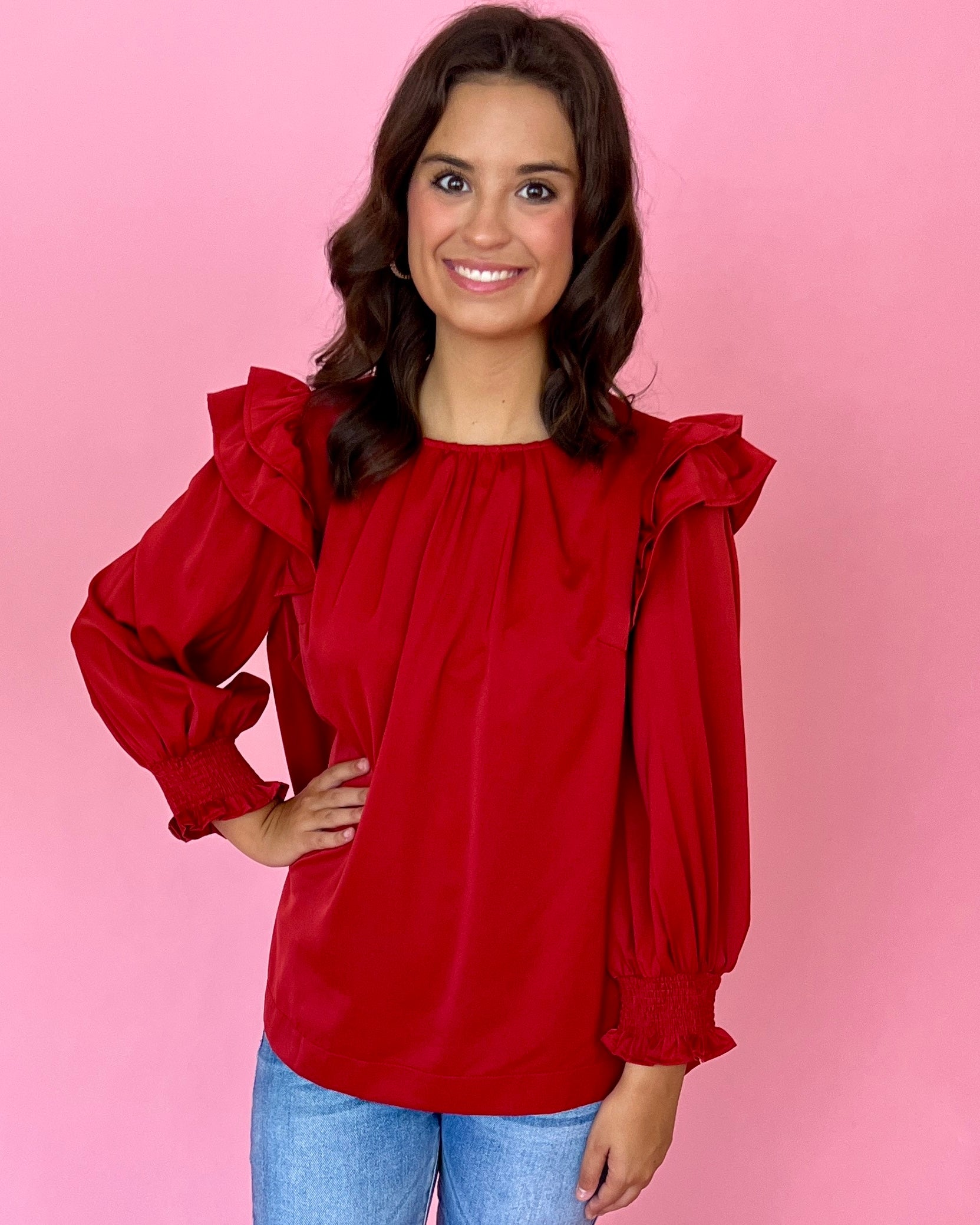 Something More Brick Satin Ruffle Shoulder Top-Shop-Womens-Boutique-Clothing