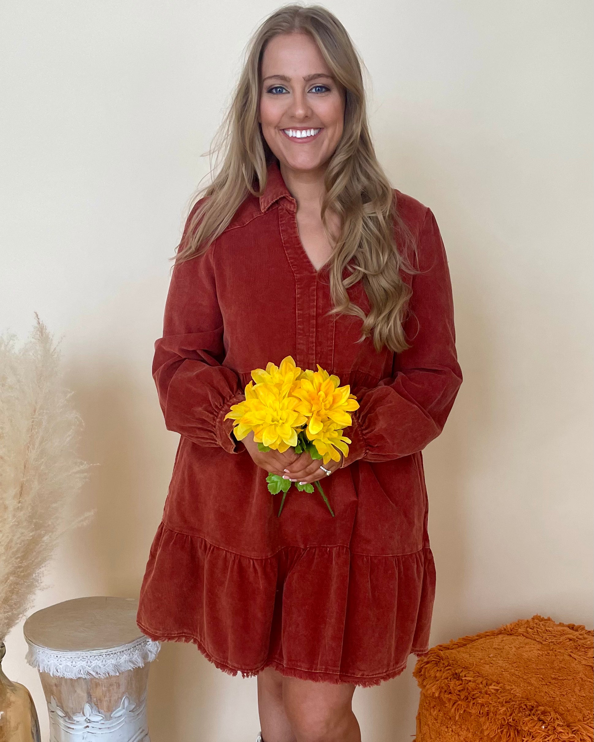 Happy Thoughts Rust Plus Corduroy Dress-Shop-Womens-Boutique-Clothing