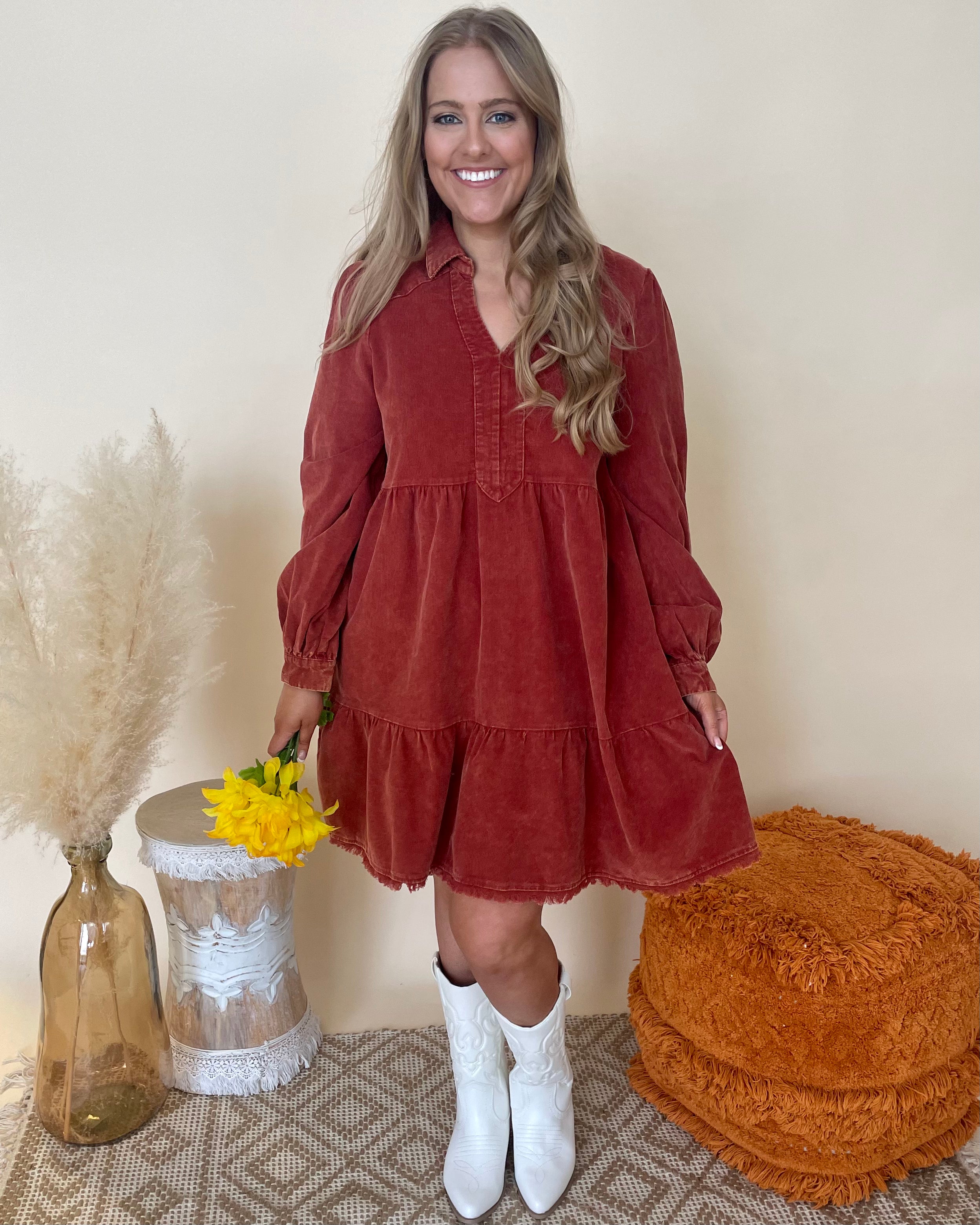 Happy Thoughts Rust Plus Corduroy Dress-Shop-Womens-Boutique-Clothing