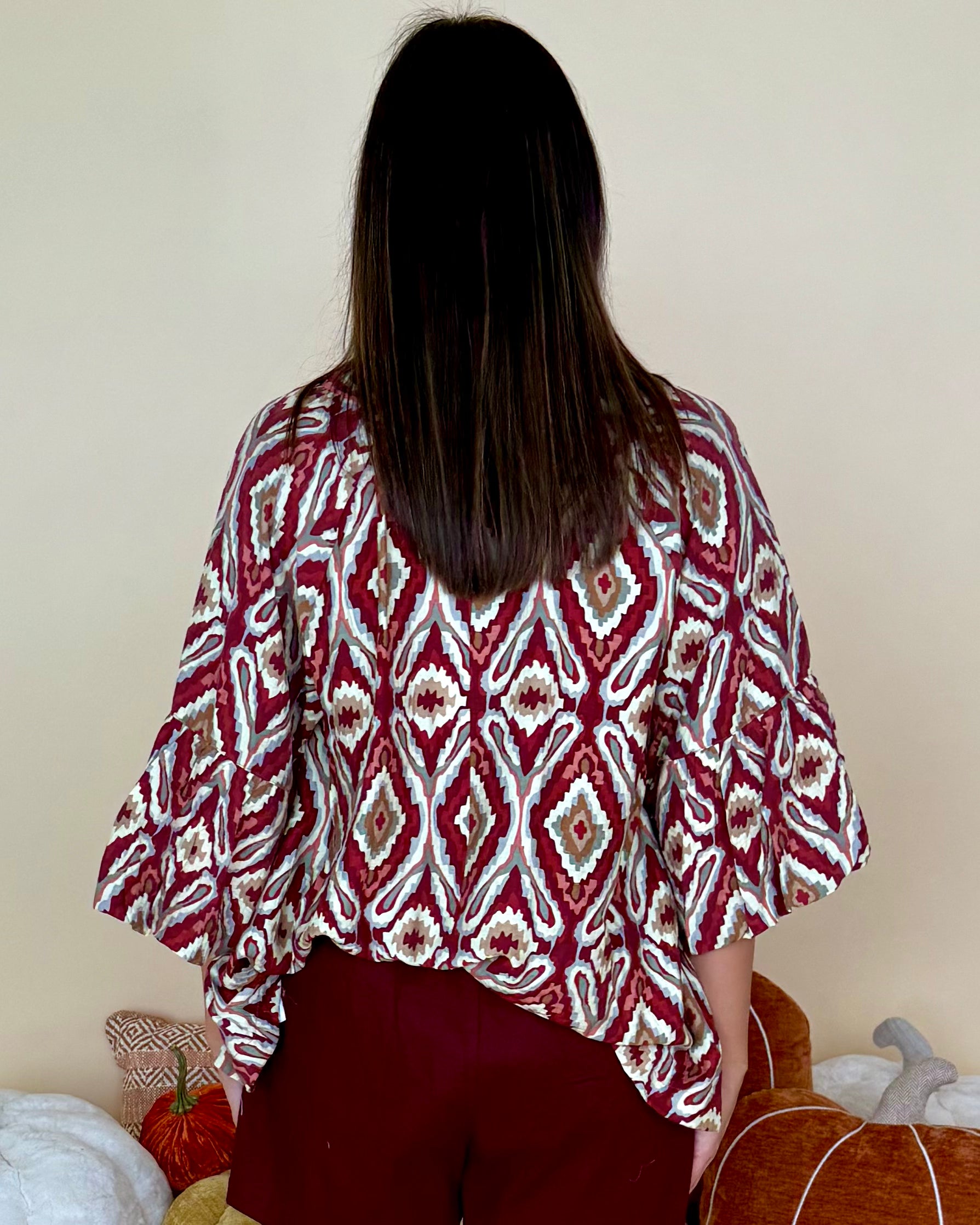 Live Simply Wine Geo Print Ruffle Top-Shop-Womens-Boutique-Clothing