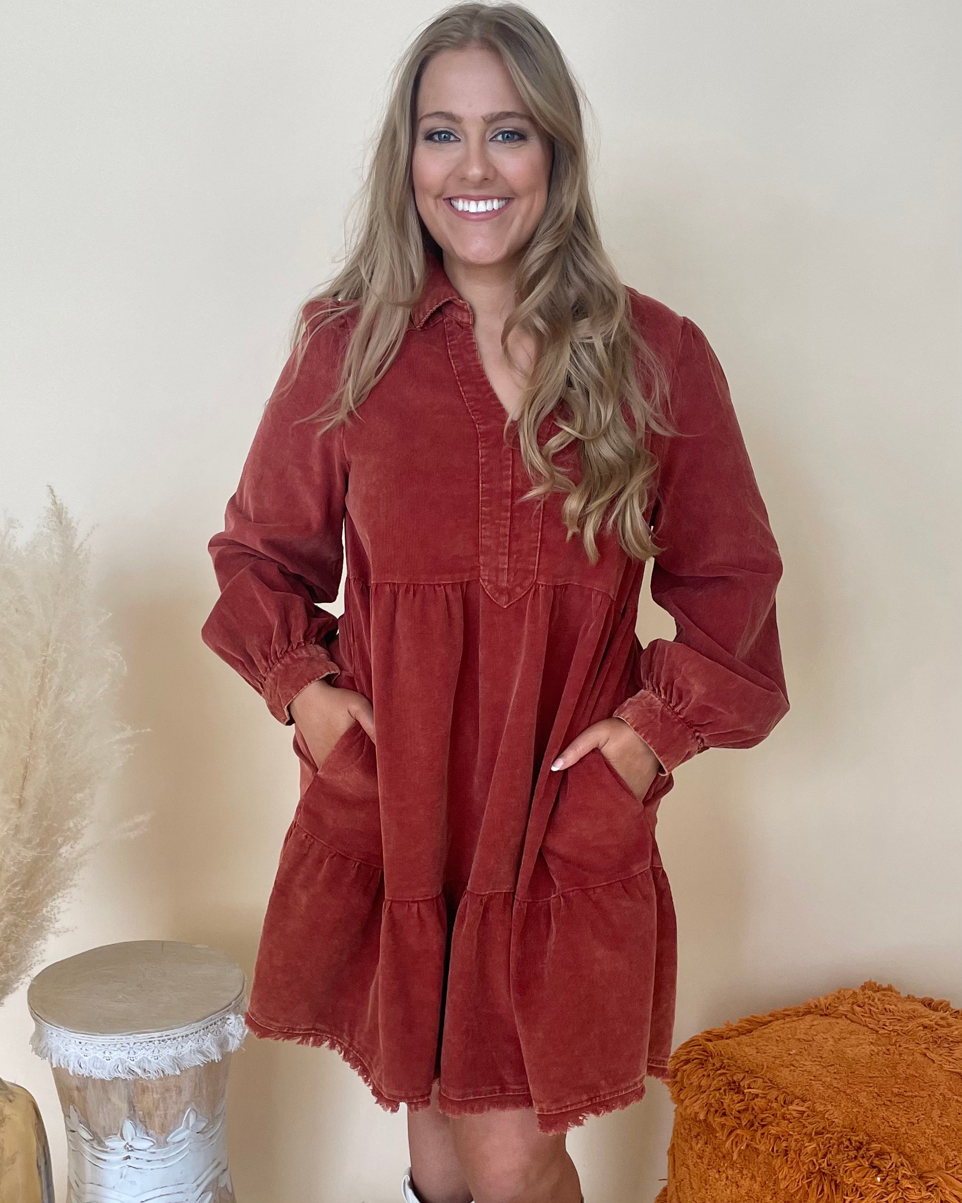 Happy Thoughts Rust Plus Corduroy Dress-Shop-Womens-Boutique-Clothing