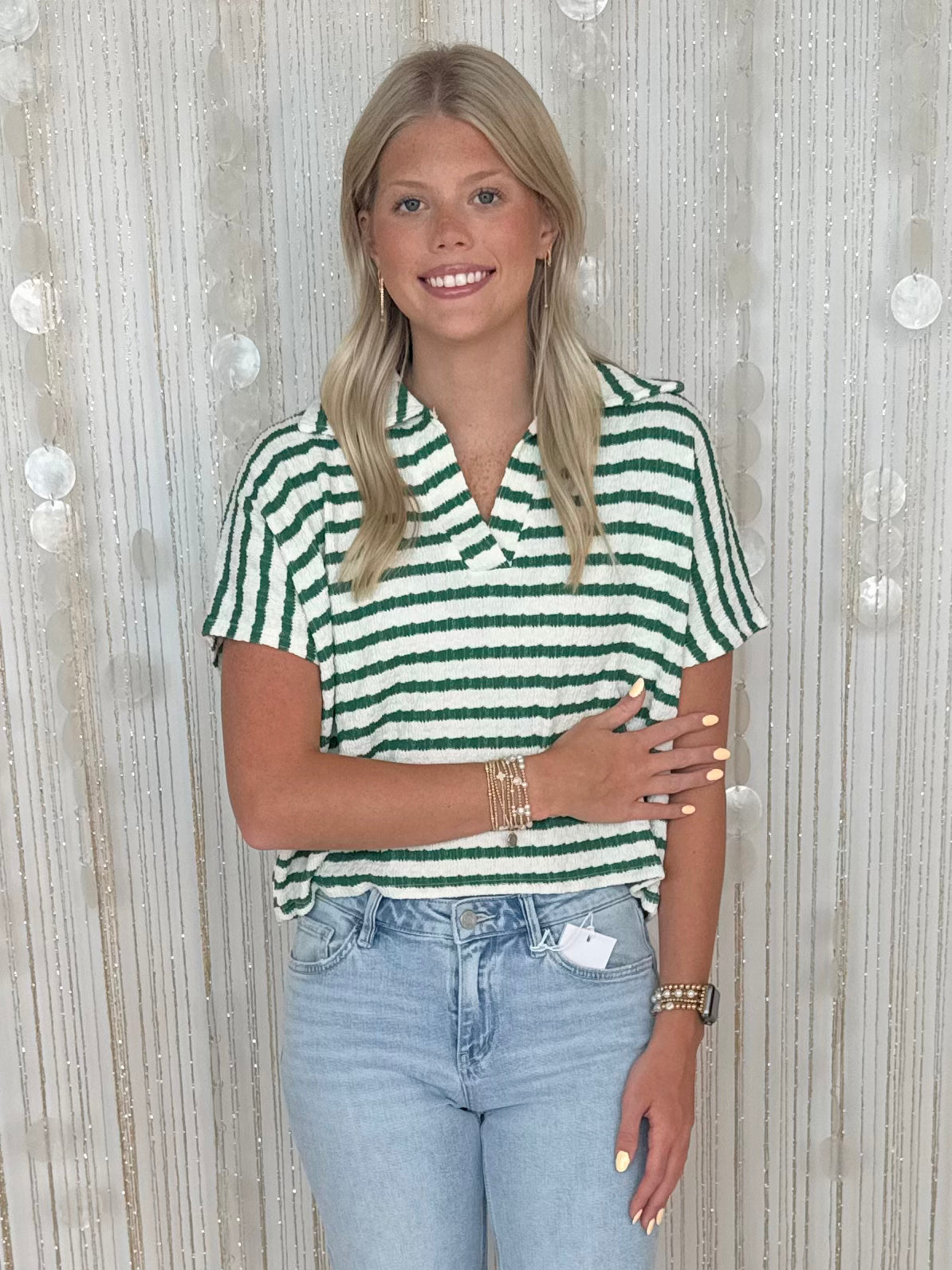 Off The Clock K Green Striped Collared Top-Shop-Womens-Boutique-Clothing
