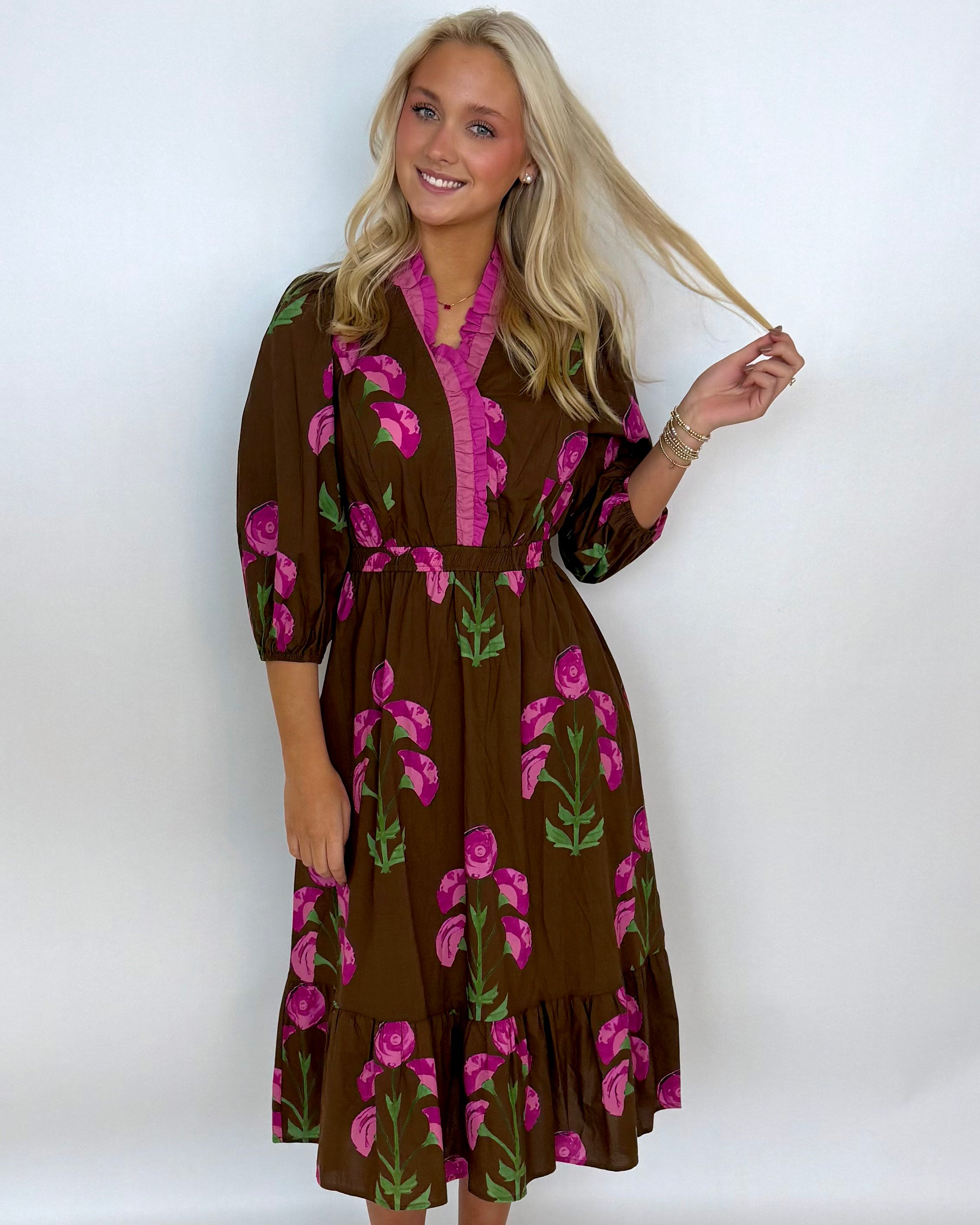 Warm Feels Brown Floral Print Midi Dress-Shop-Womens-Boutique-Clothing