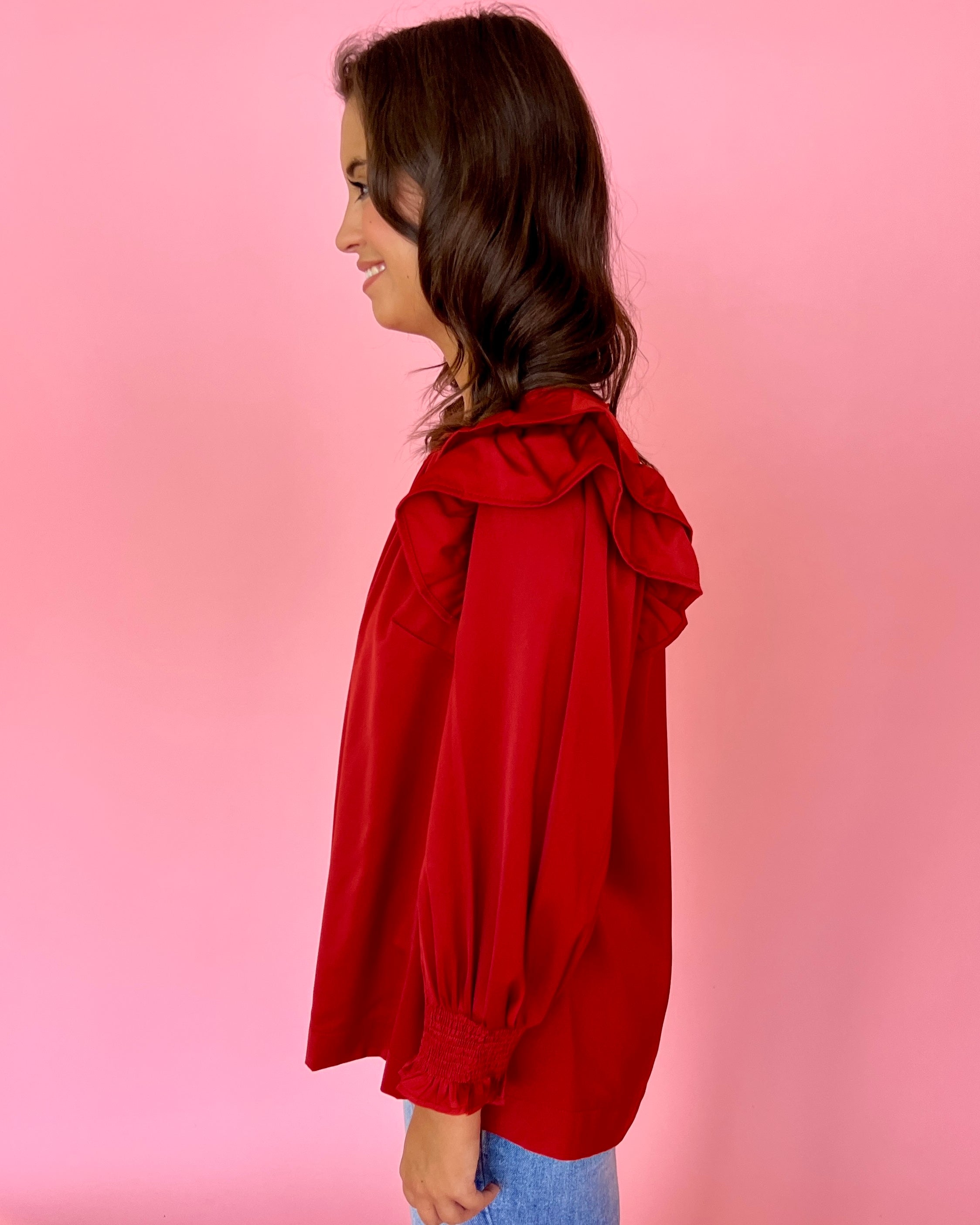 Something More Brick Satin Ruffle Shoulder Top-Shop-Womens-Boutique-Clothing