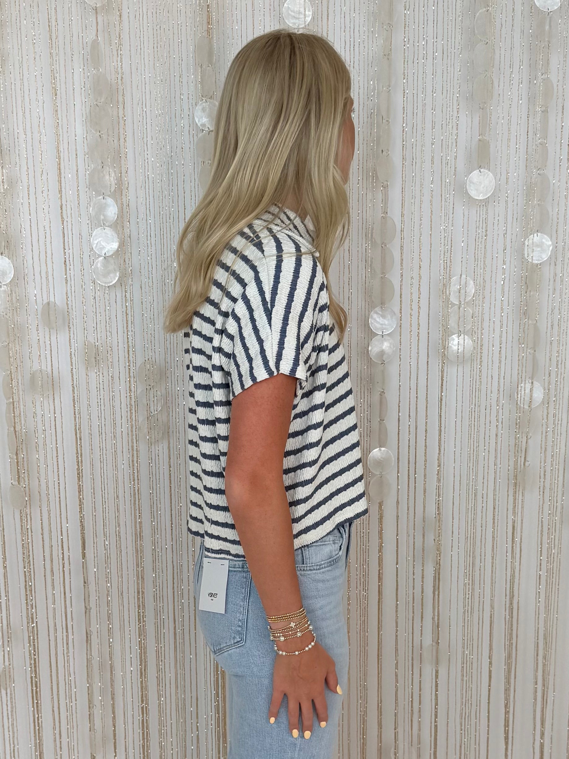 Off The Clock Denim Striped Collared Top-Shop-Womens-Boutique-Clothing