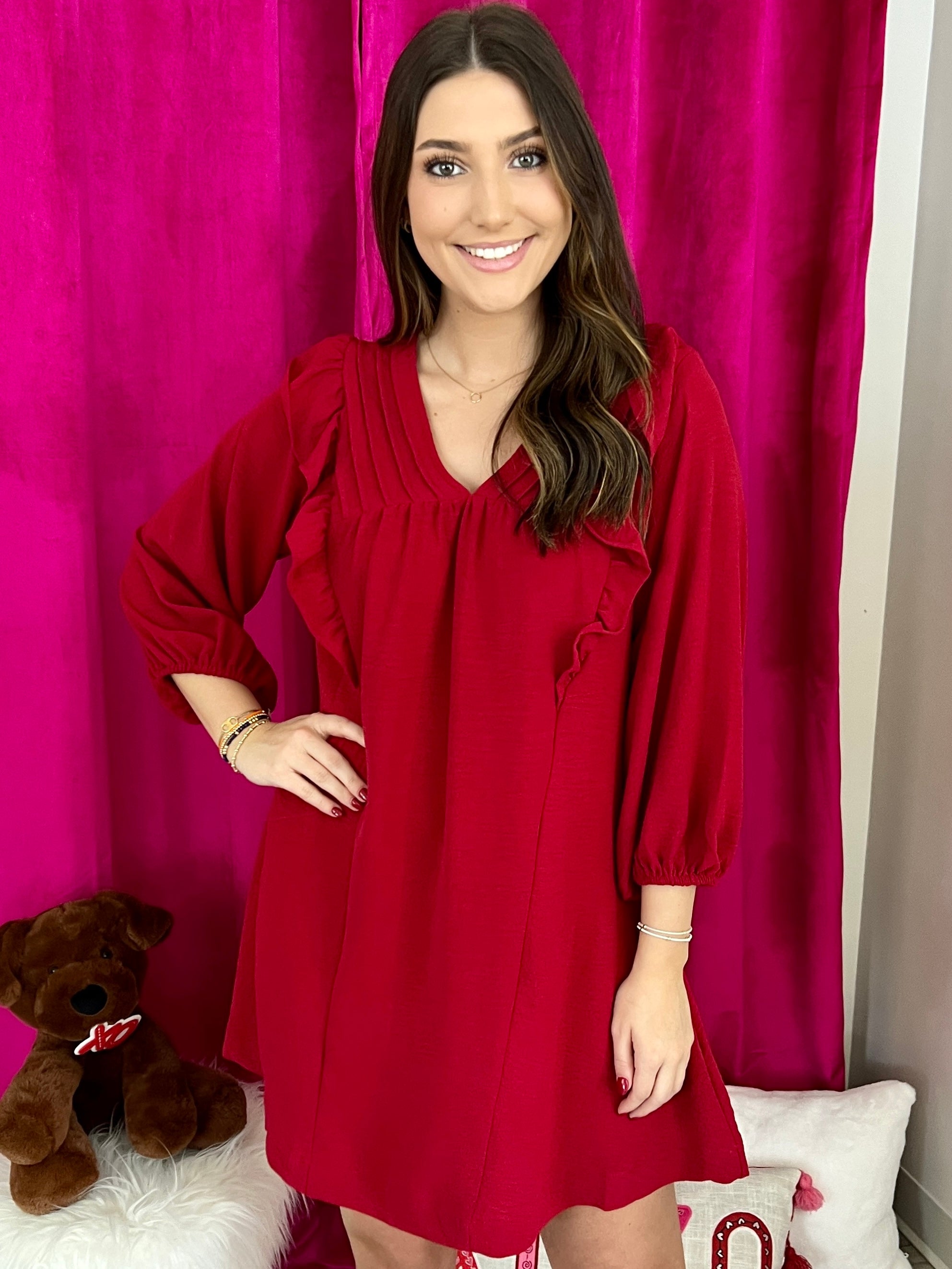 Let's Go Out Burgundy Pintuck Ruffle Dress-Shop-Womens-Boutique-Clothing
