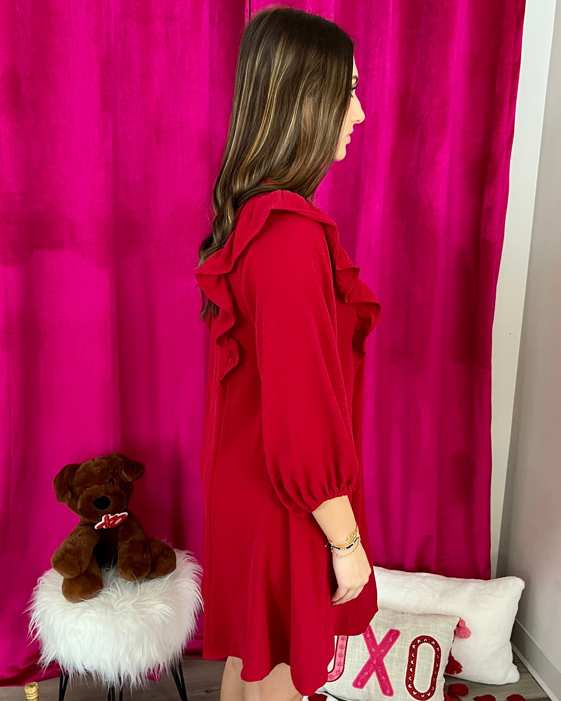 Let's Go Out Burgundy Pintuck Ruffle Dress-Shop-Womens-Boutique-Clothing