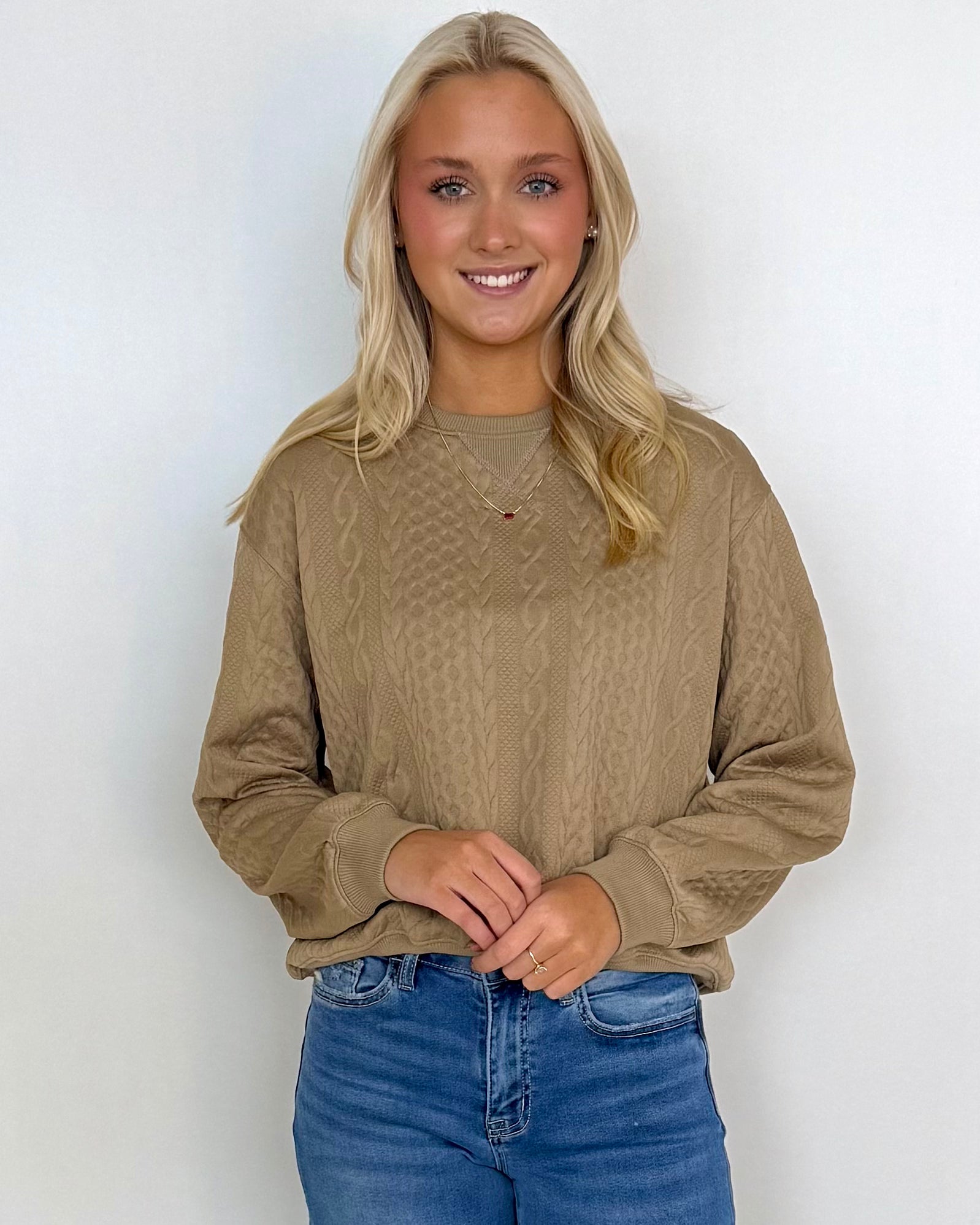 Wherever We Go Taupe Cable Knit Top-Shop-Womens-Boutique-Clothing