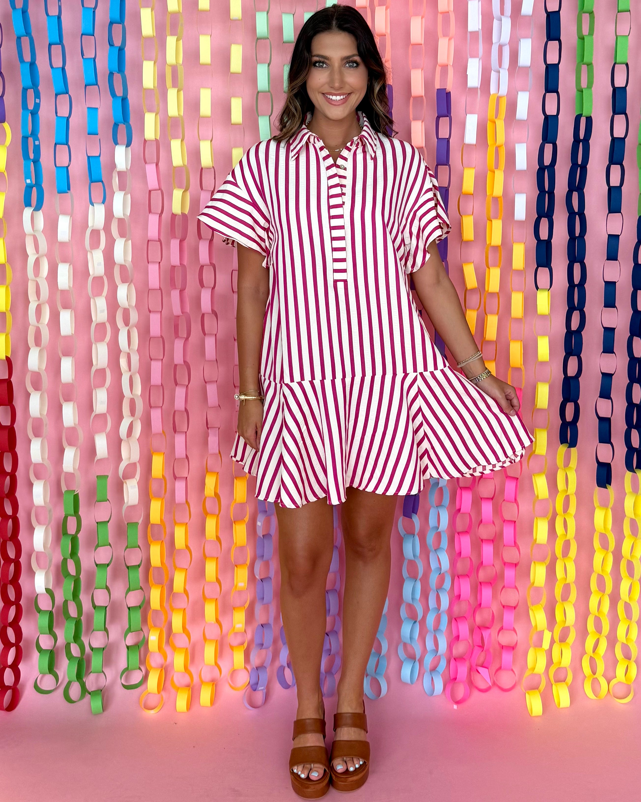 Keep Watch Hot Pink Striped Flounce Dress-Shop-Womens-Boutique-Clothing
