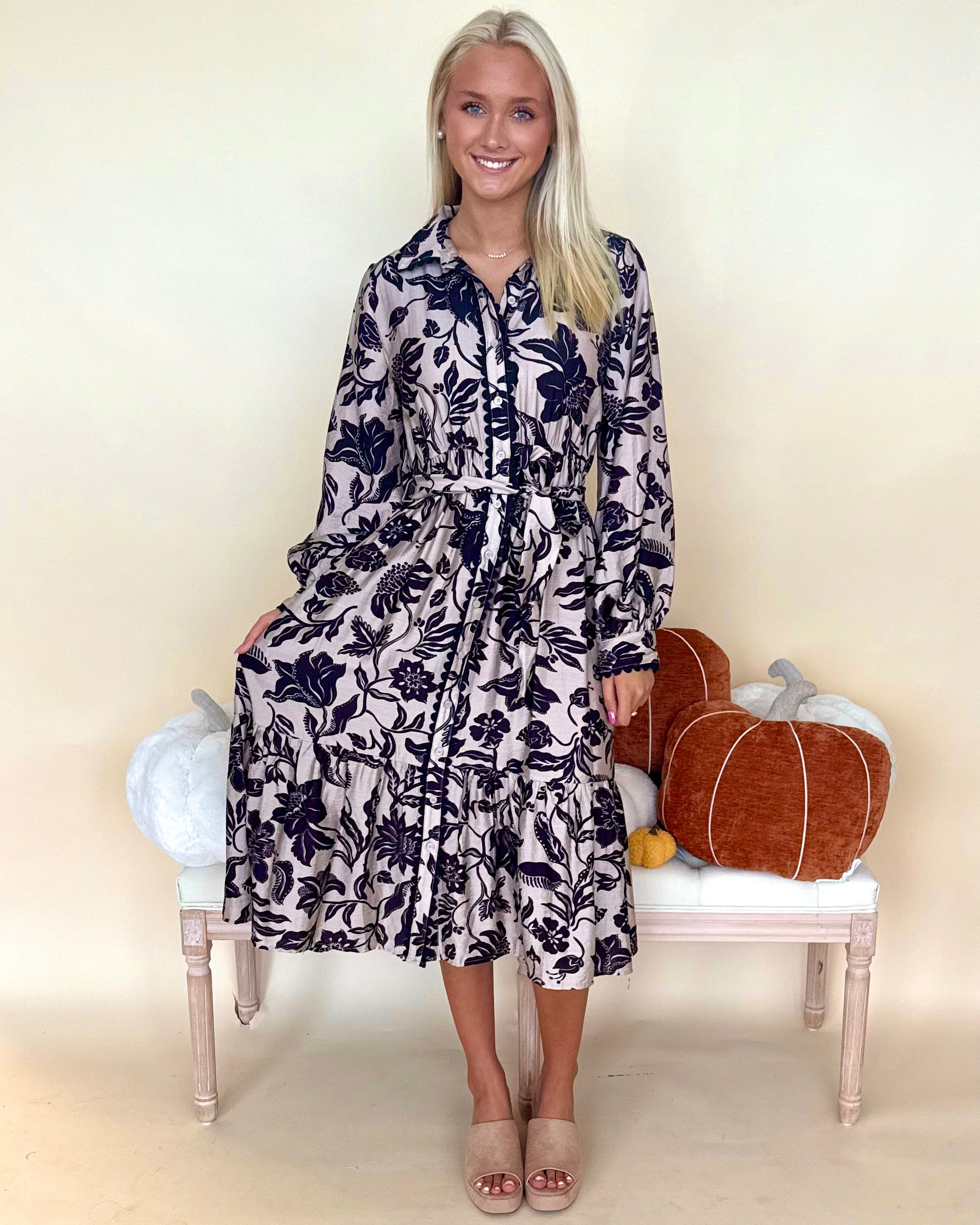 Fall For It Oatmeal Floral Midi Dress-Shop-Womens-Boutique-Clothing