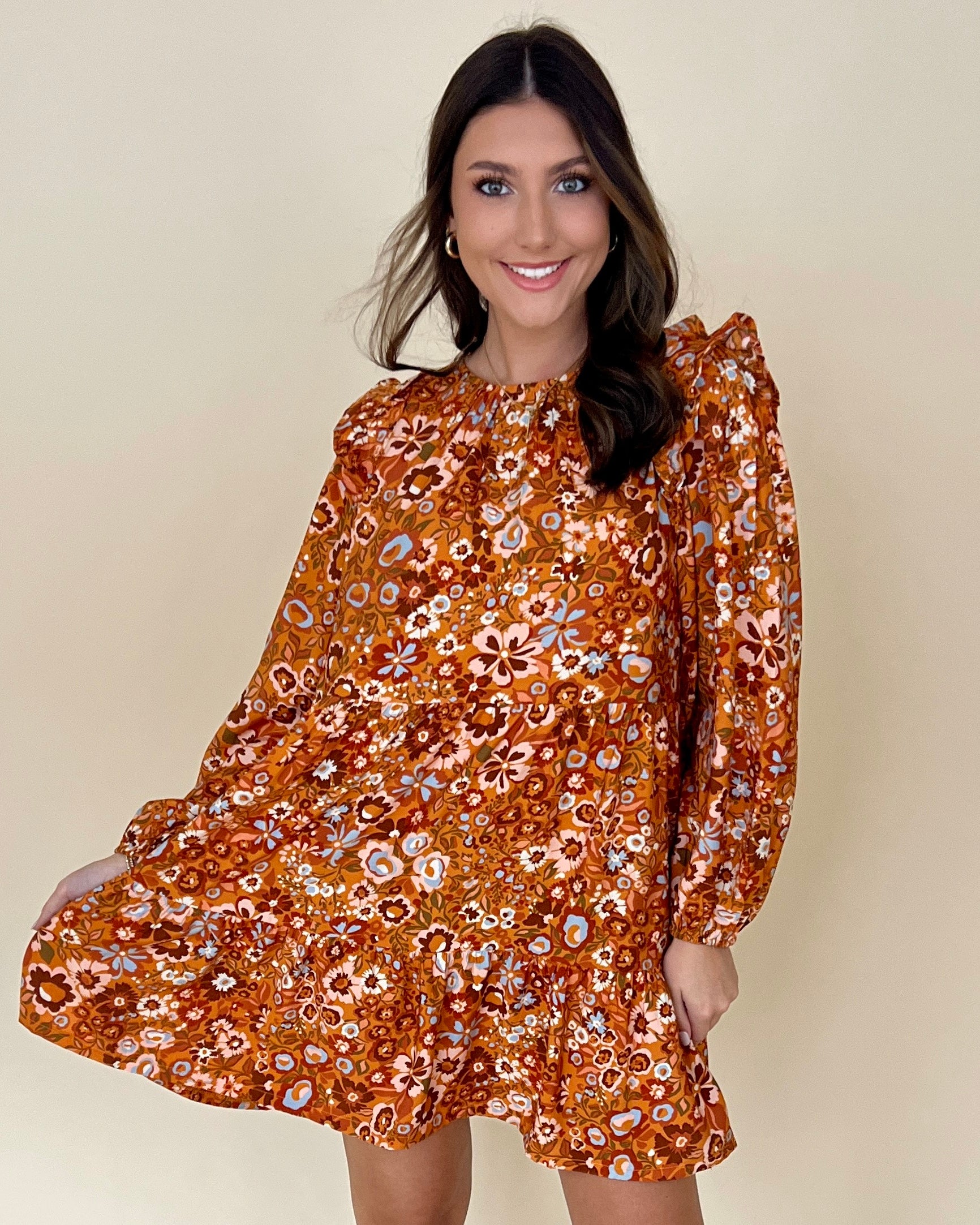 My Best Caramel Multi Floral Tiered Dress-Shop-Womens-Boutique-Clothing