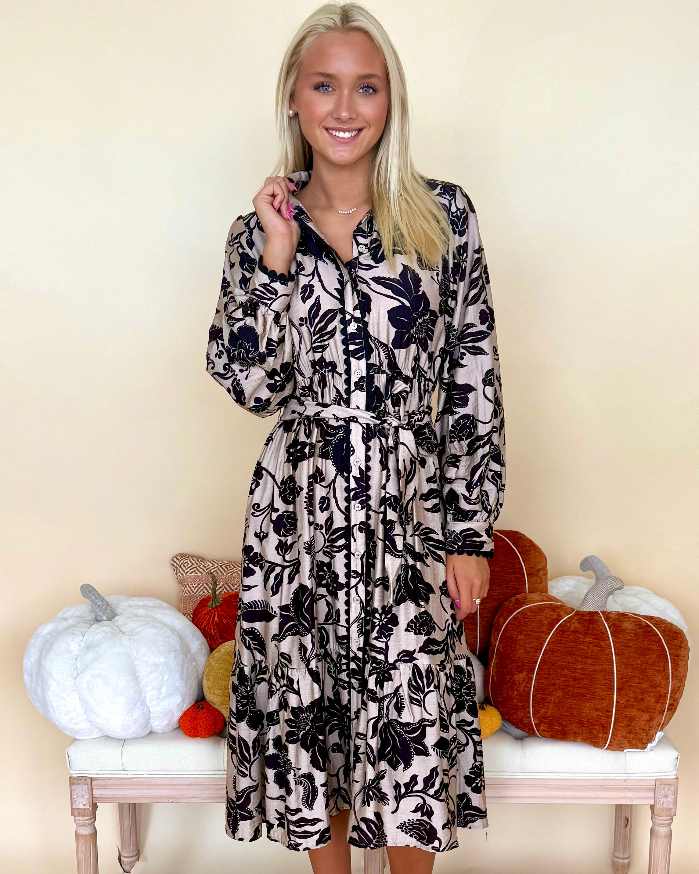 Fall For It Oatmeal Floral Midi Dress-Shop-Womens-Boutique-Clothing