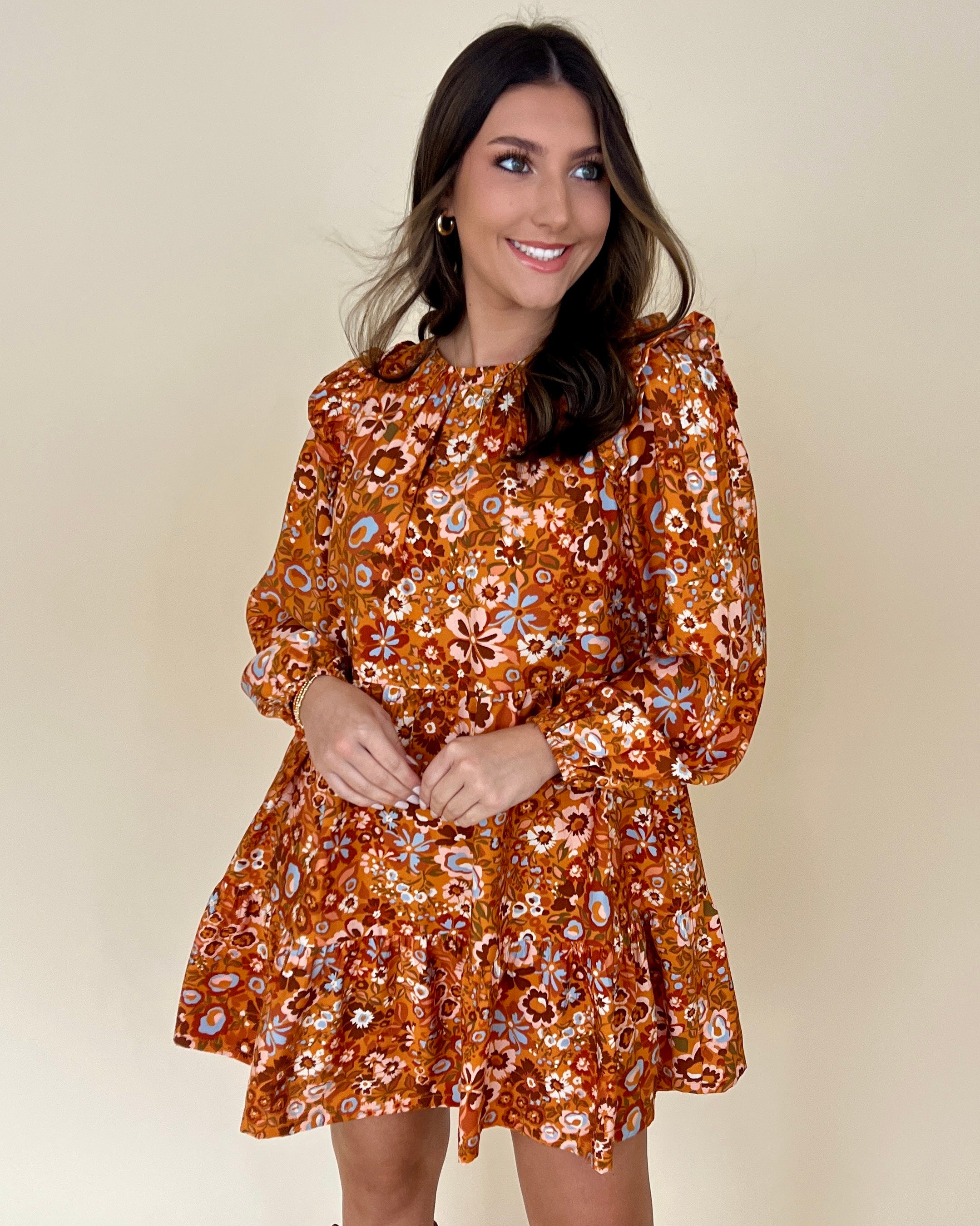 My Best Caramel Multi Floral Tiered Dress-Shop-Womens-Boutique-Clothing