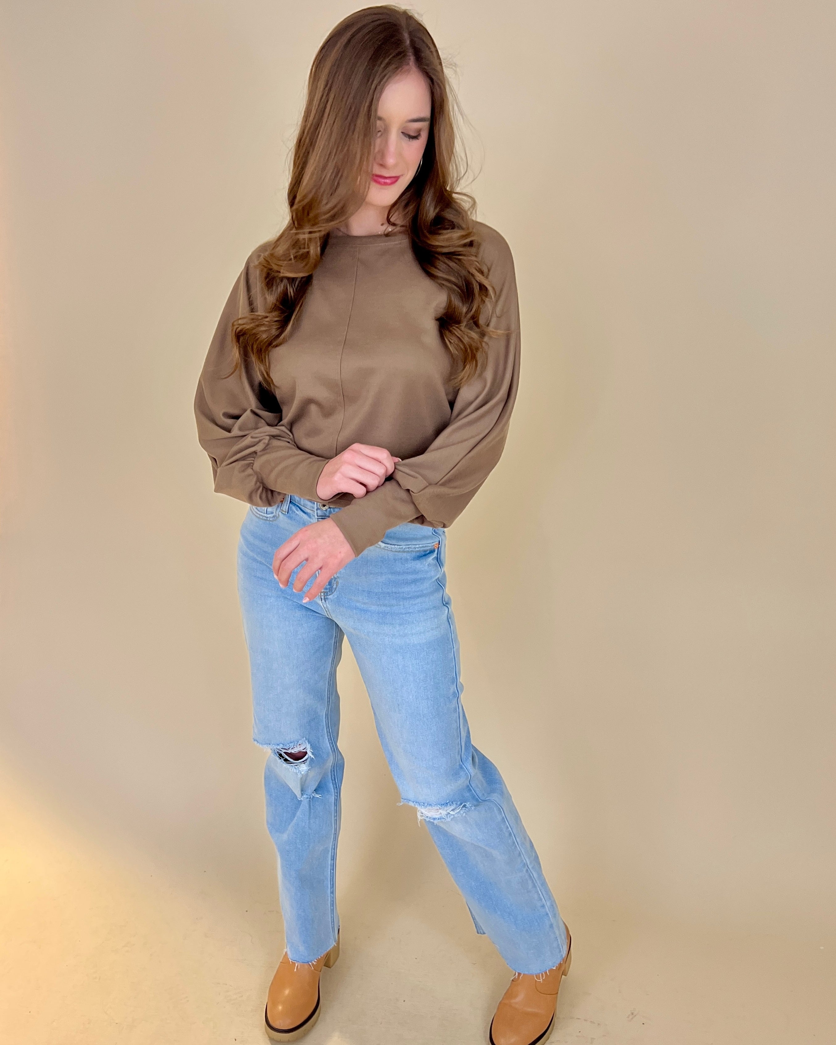 There's No Doubt Mocha Ribbed Knit Round Neck Top-Shop-Womens-Boutique-Clothing