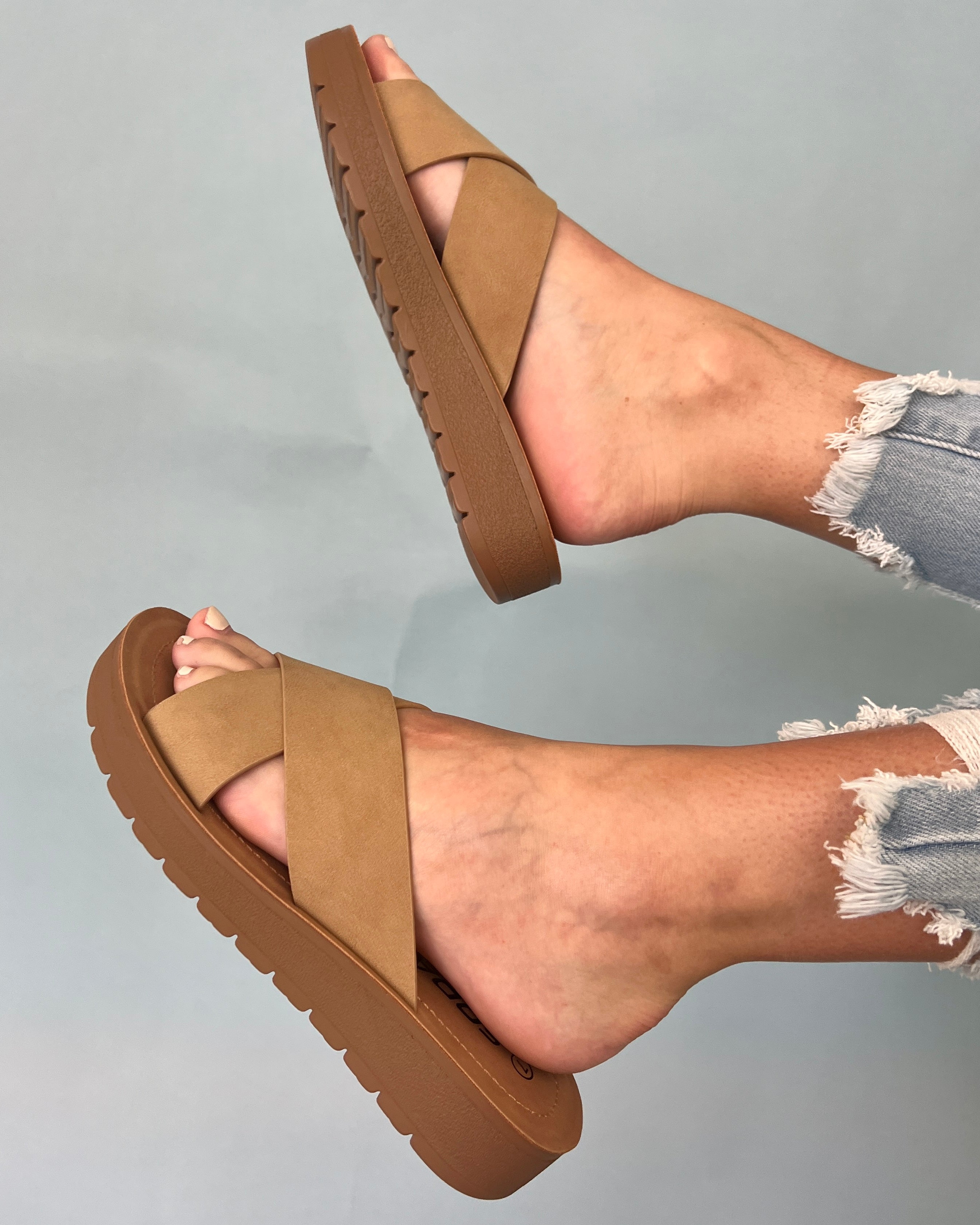 Sadie Camel Suede Cross Strap Slip On Sandals-Shop-Womens-Boutique-Clothing