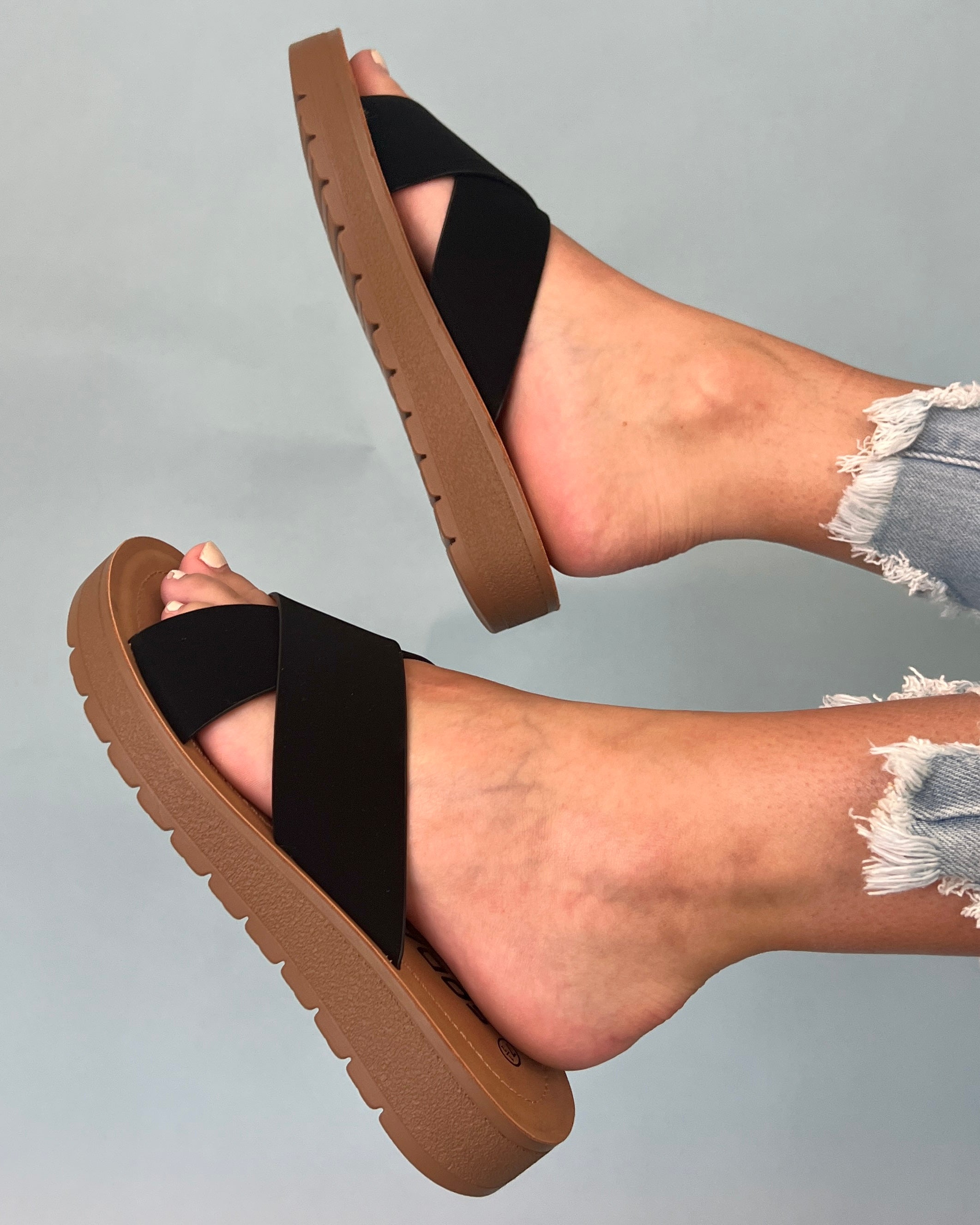 Sadie Black Suede Cross Strap Slip On Sandals-Shop-Womens-Boutique-Clothing