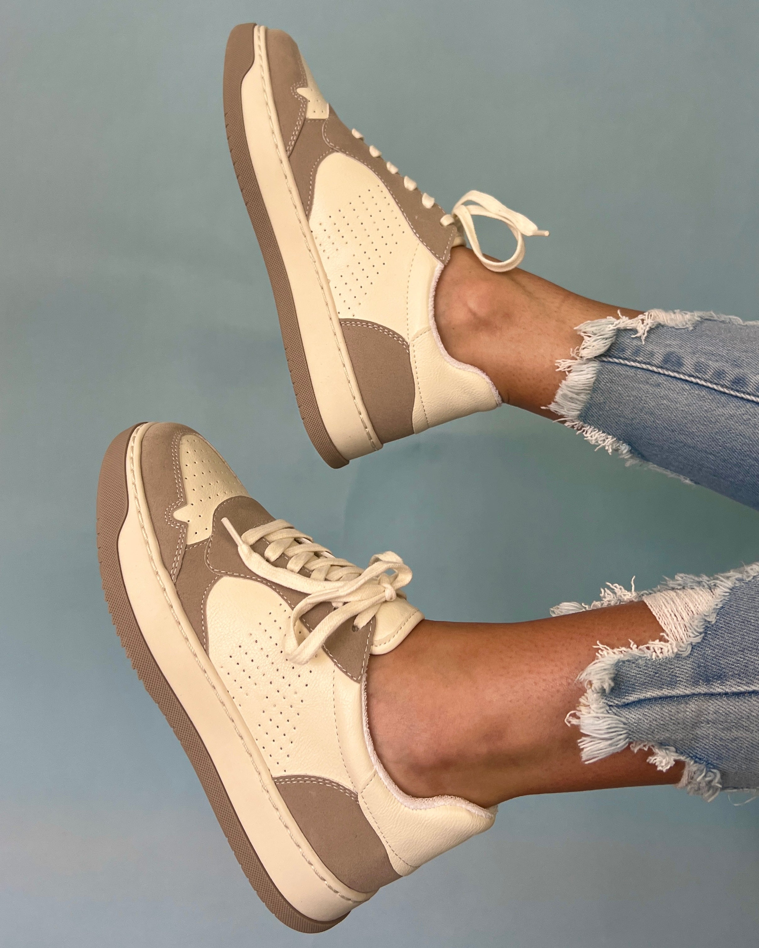 Gemma Washed White & Sand Suede Detail Platform Sneakers-Shop-Womens-Boutique-Clothing