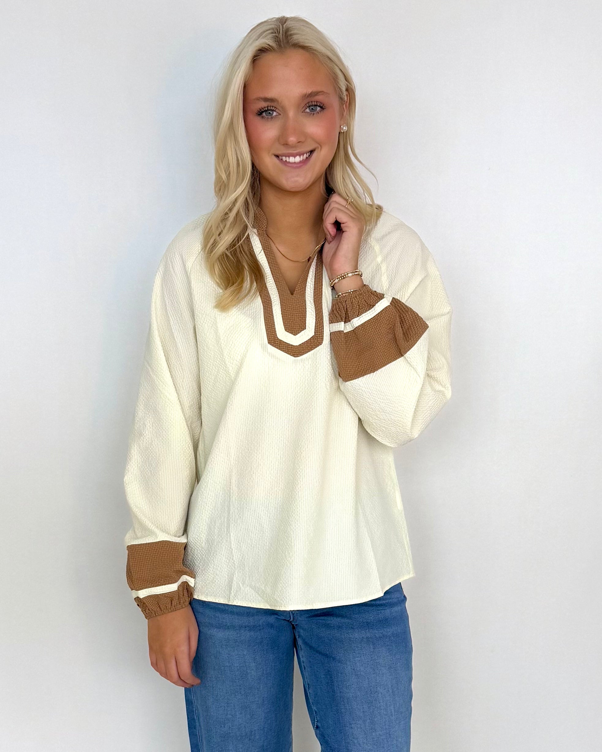 So Much Joy Stone Contrast Trim Top-Shop-Womens-Boutique-Clothing