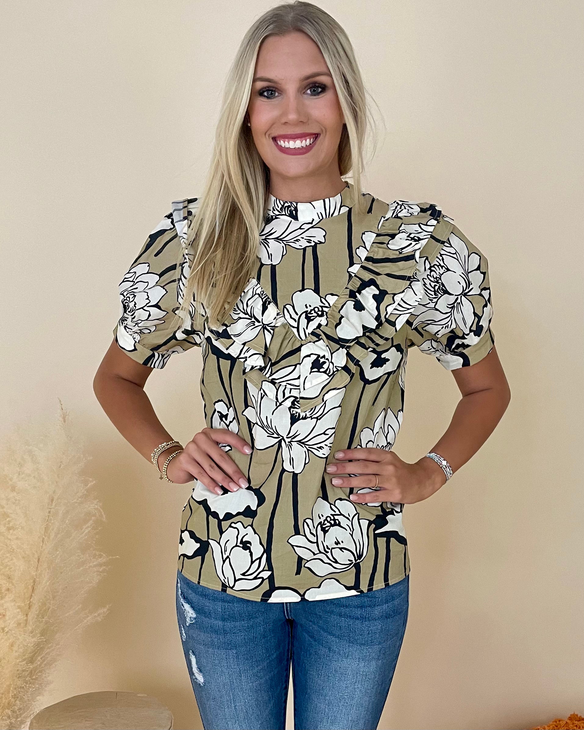 Charmingly Taupe Floral Ruffle Top-Shop-Womens-Boutique-Clothing