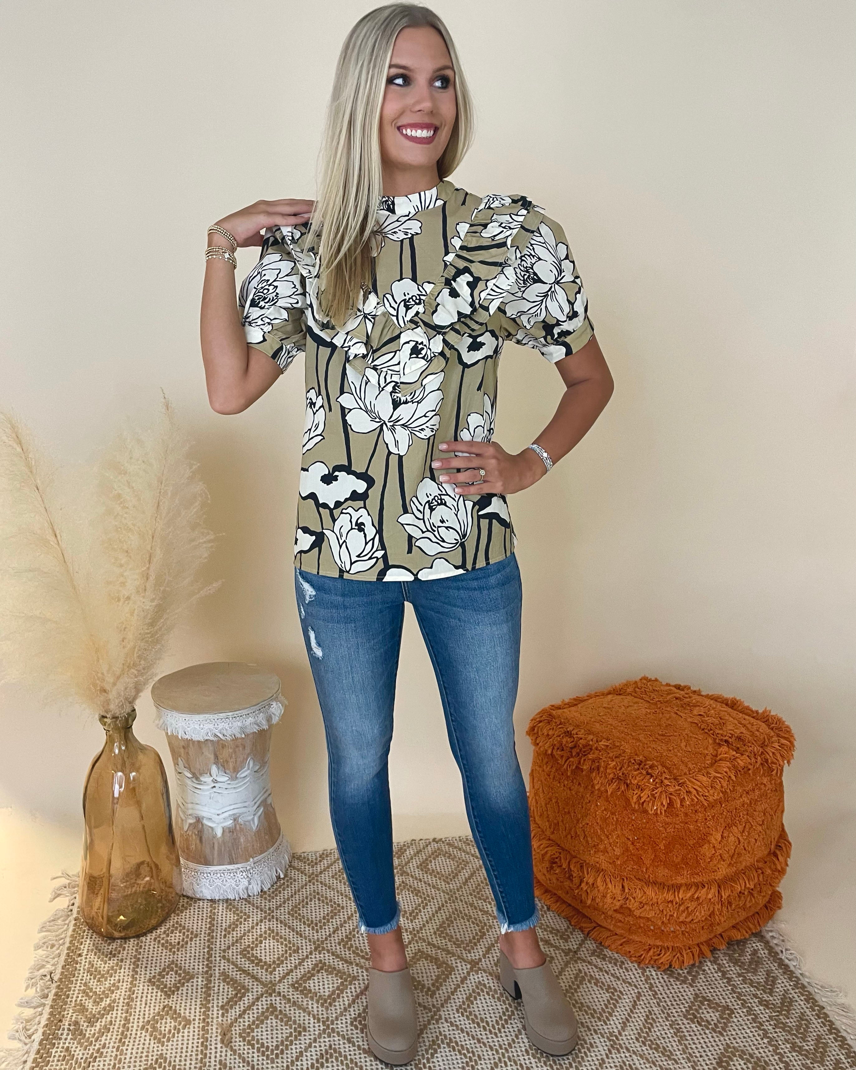 Charmingly Taupe Floral Ruffle Top-Shop-Womens-Boutique-Clothing