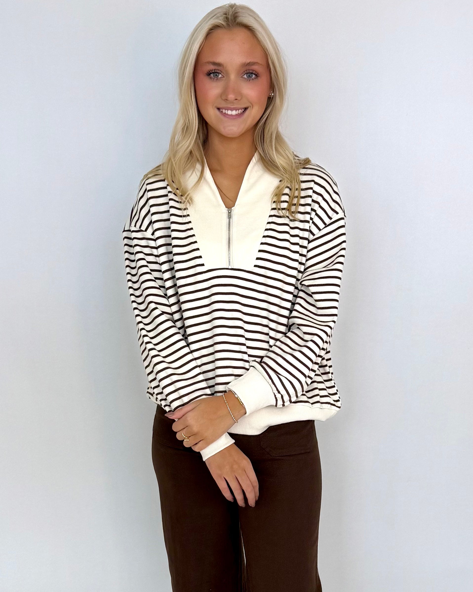 Comforting Brown Zip Striped Sweatshirt-Shop-Womens-Boutique-Clothing