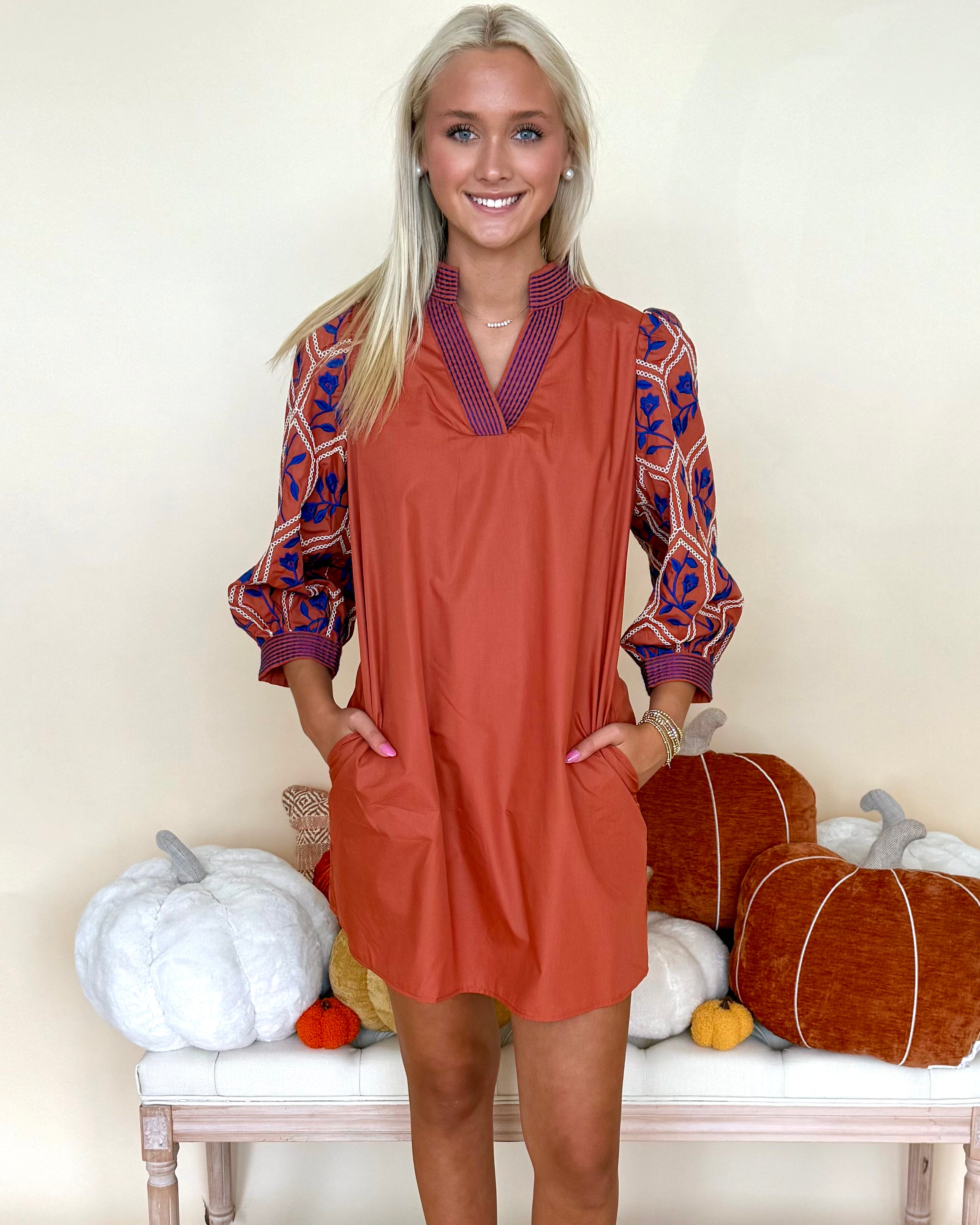 Bloom With Me Rust Textured Sleeve Dress-Shop-Womens-Boutique-Clothing