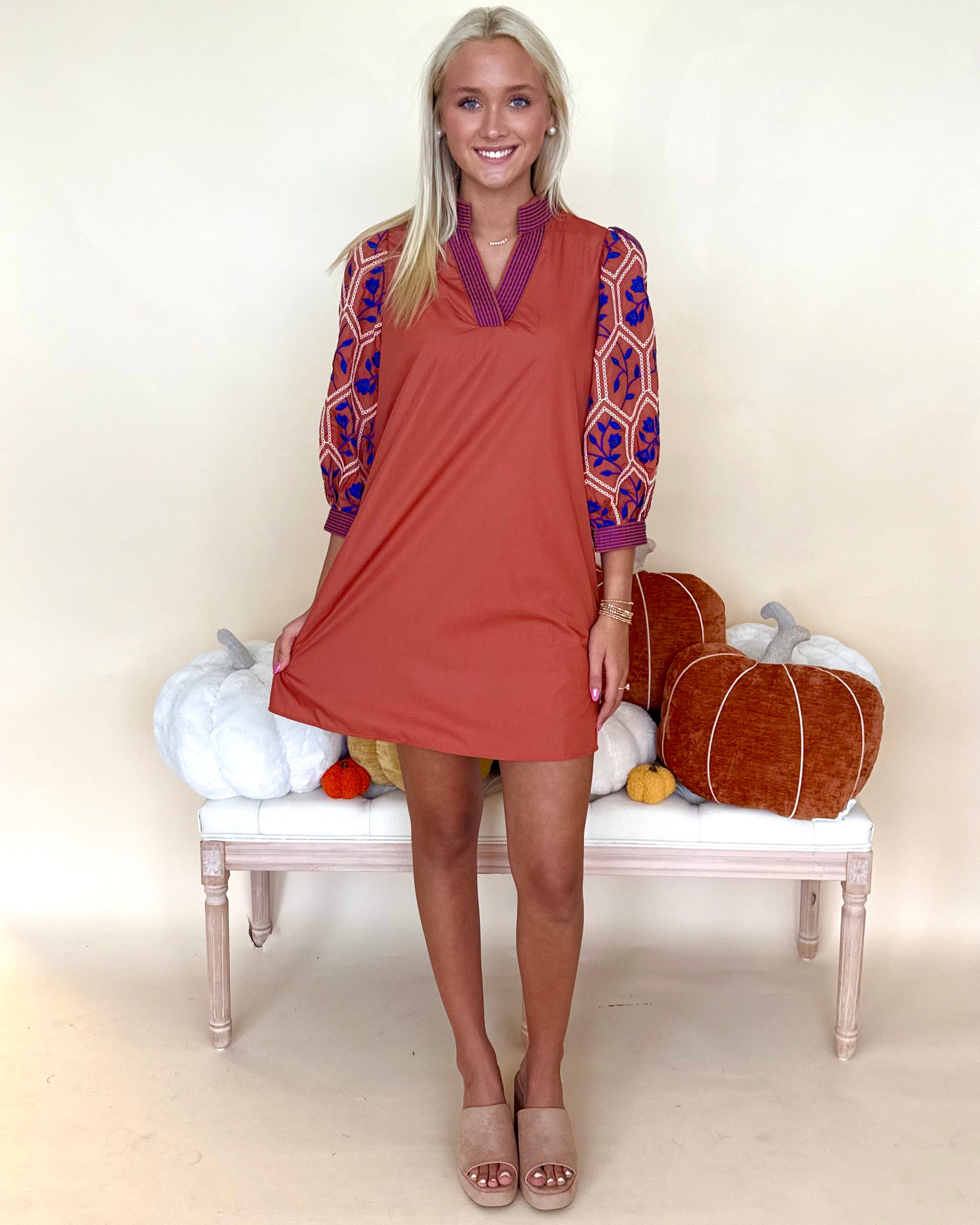 Bloom With Me Rust Textured Sleeve Dress-Shop-Womens-Boutique-Clothing