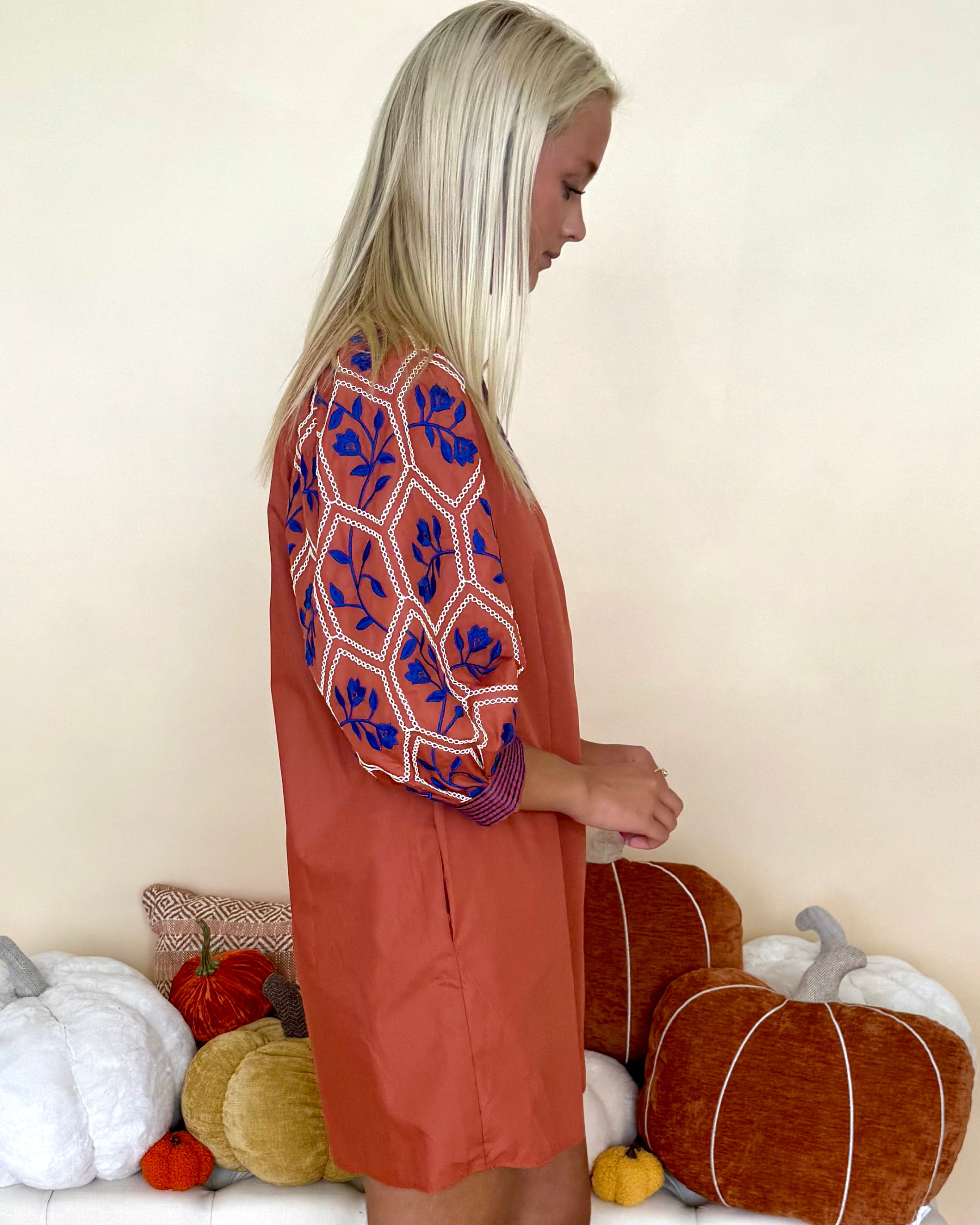 Bloom With Me Rust Textured Sleeve Dress-Shop-Womens-Boutique-Clothing